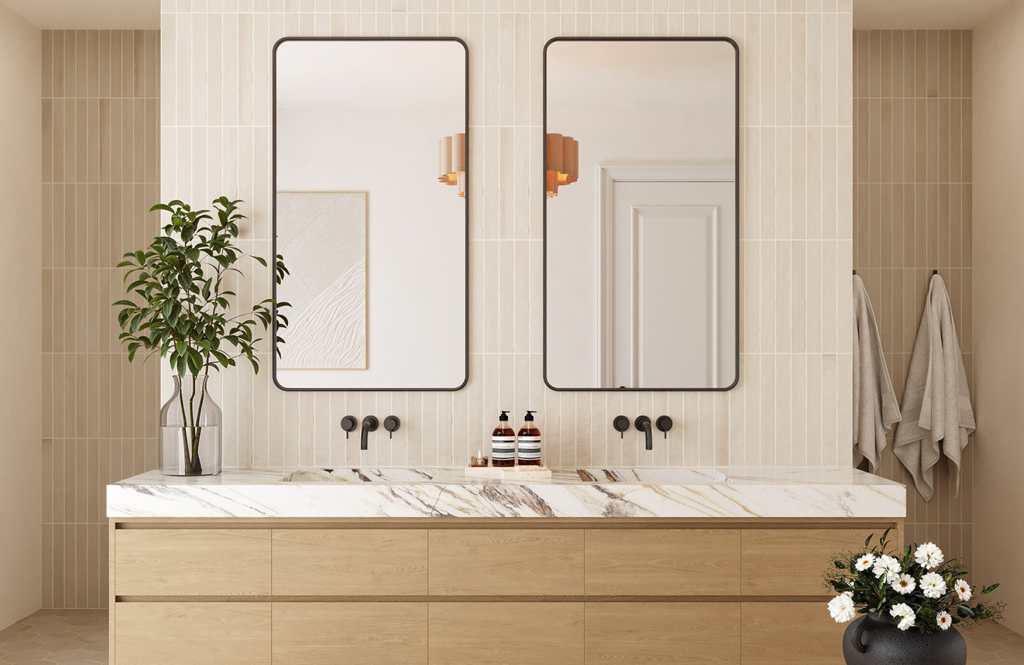 A neutral bathroom with vertical backsplash tiles showing how height and layout affect design balance.