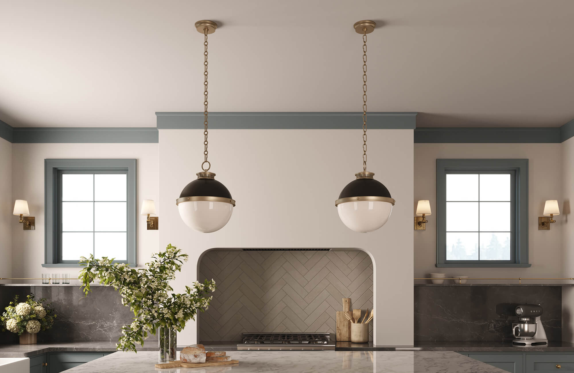 null Two globe pendants suspended over a marble kitchen island create balance in a classic, detailed kitchen.