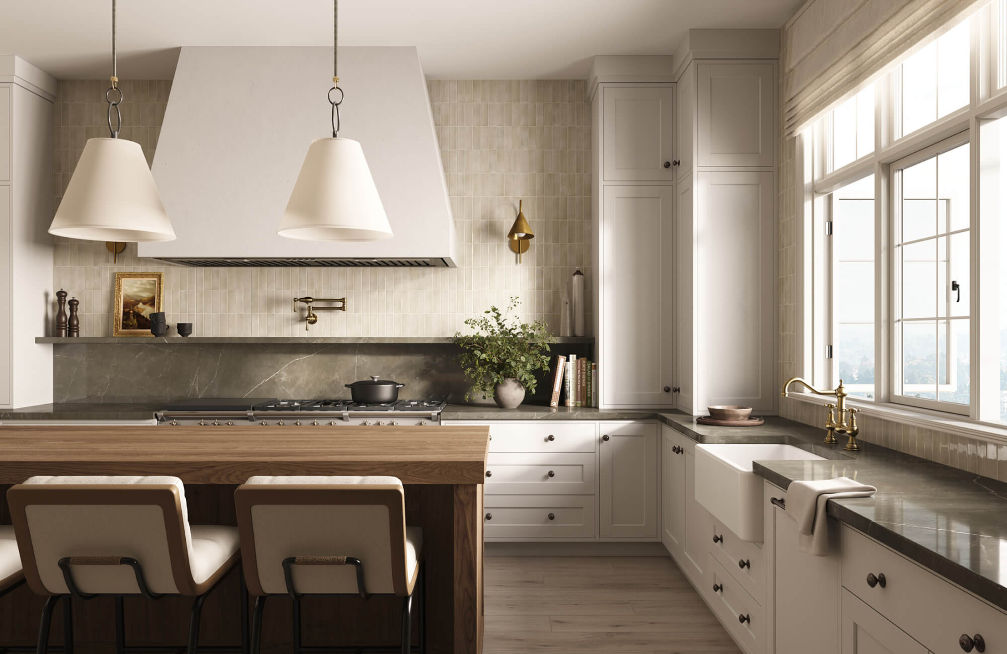 null Cone-shaped pendants illuminate a warm kitchen island with wood seating and a sculpted range hood.