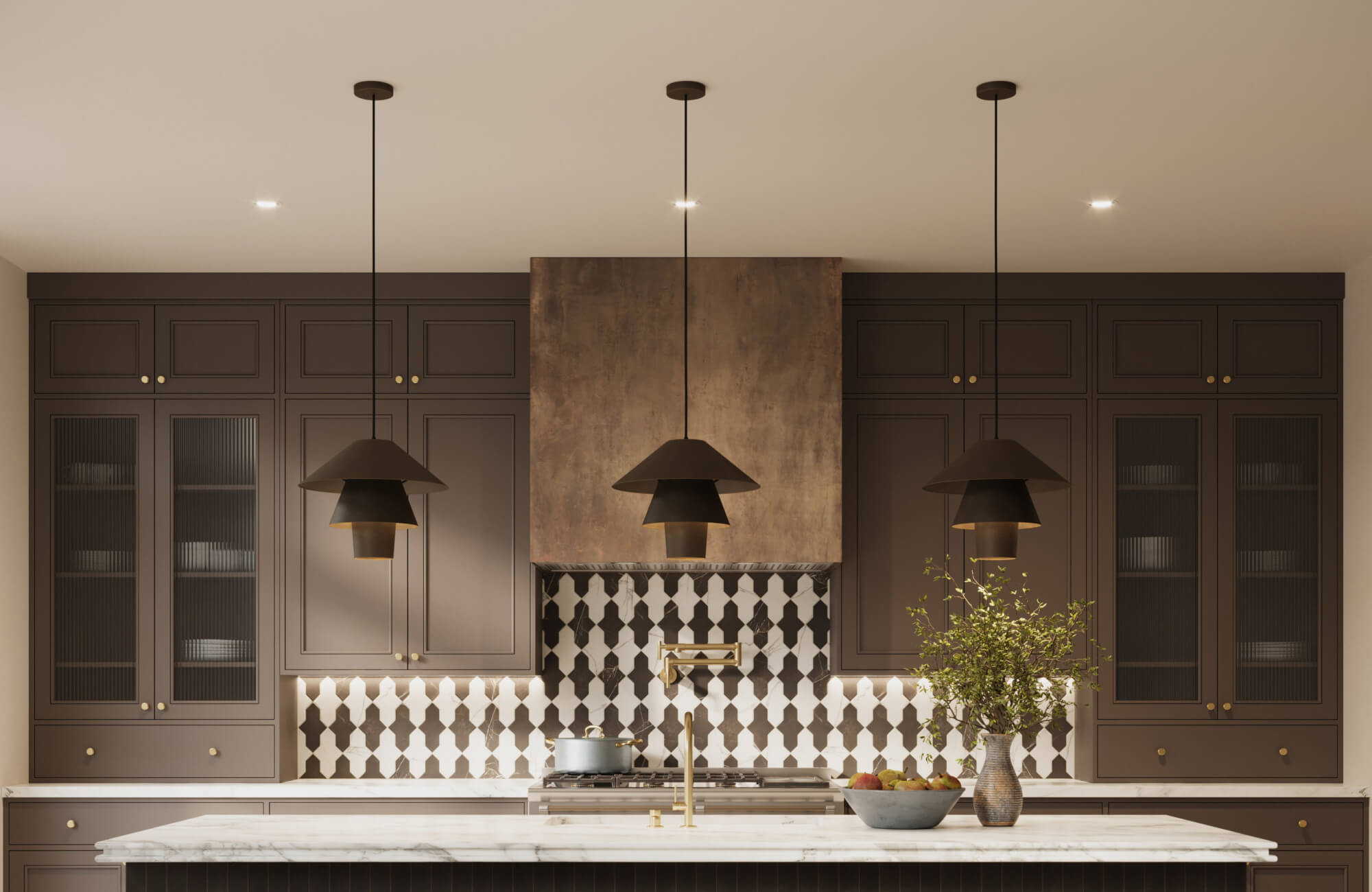 null Three-layered metal pendants line up over a long marble kitchen island in a dark, modern kitchen.