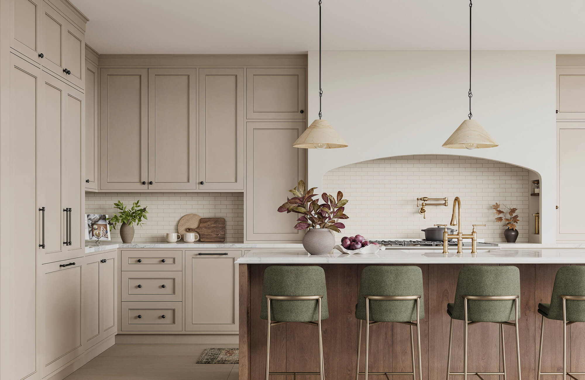 null Neutral-toned cone pendants hang over a refined kitchen island framed by arched tilework and warm cabinetry.