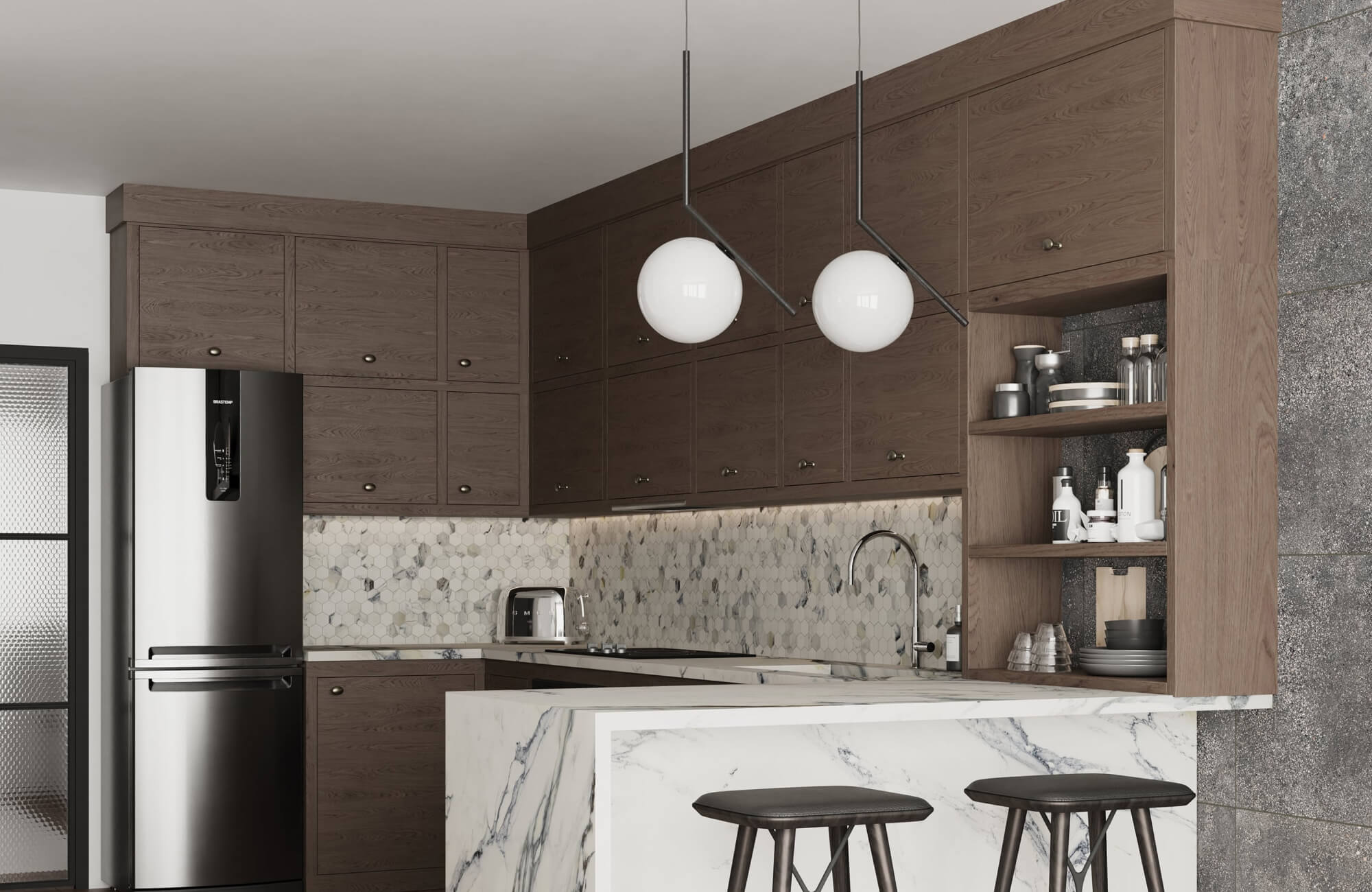 null Sculptural globe pendants extend over a marble waterfall island in a compact contemporary kitchen layout.