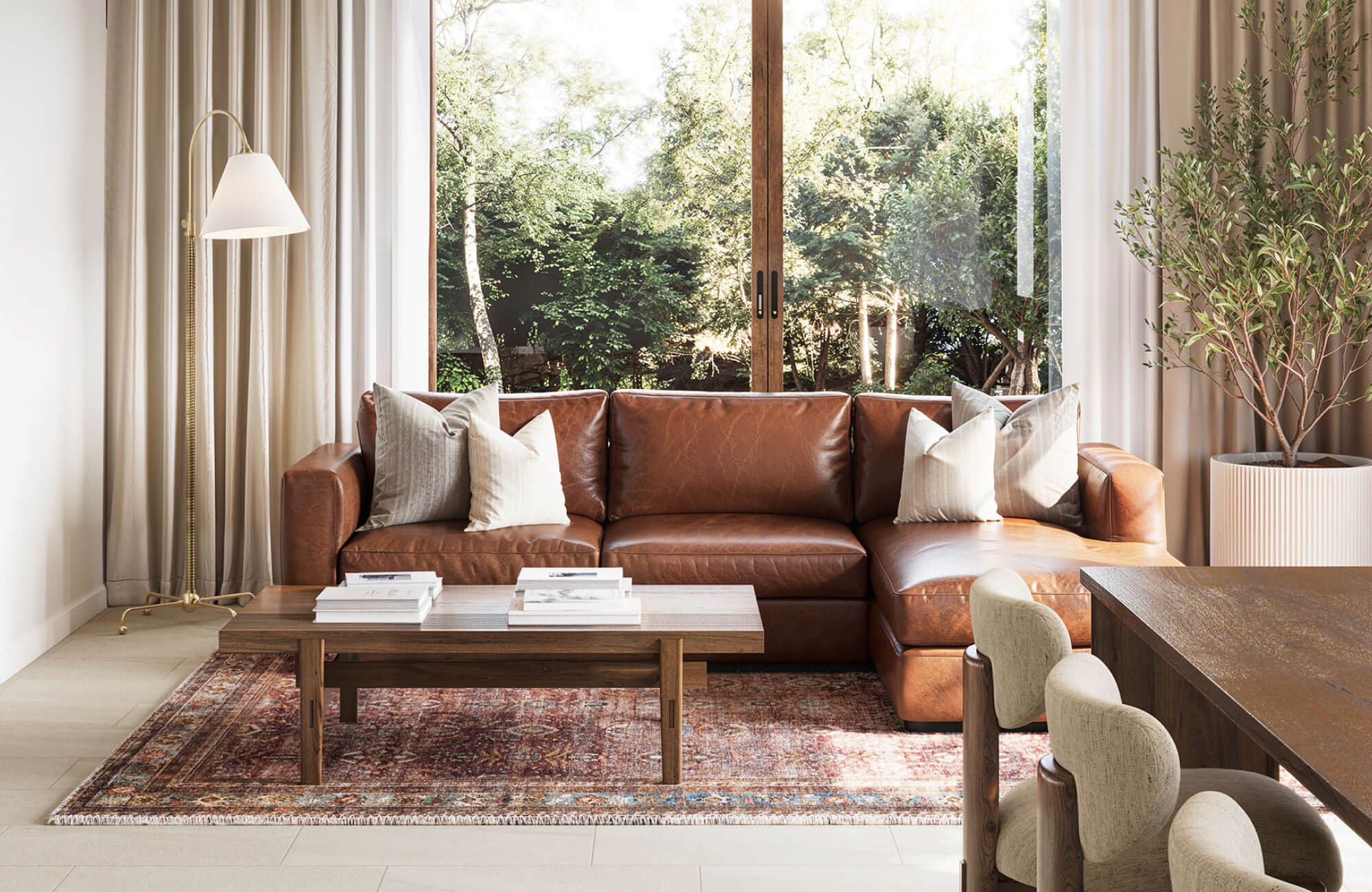 null Warm and inviting living room with a rich leather sofa, earthy wood accents, and a vintage-inspired rug with dark red, denim blue, warm beige, and golden yellow accents adding texture beneath the coffee table.