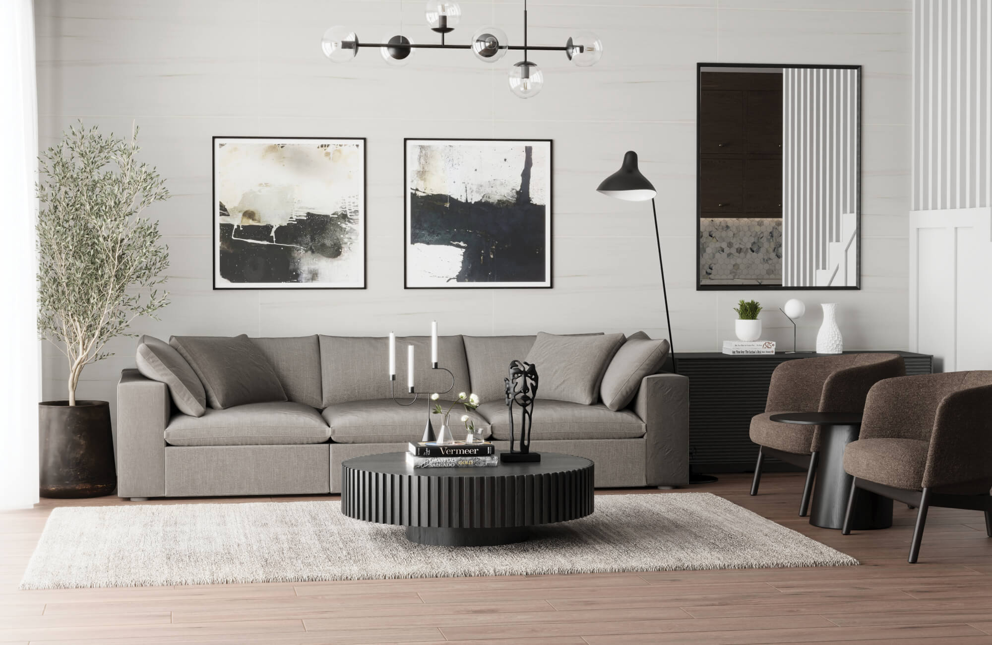null Modern living room with a sleek monochrome palette, abstract art, and a soft textured rug grounding the space in warmth and sophistication.