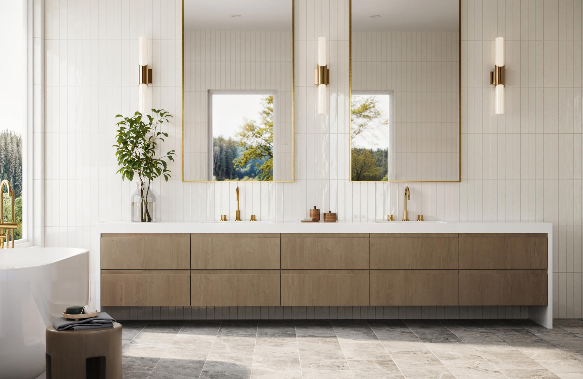 Bright bathroom with vertical white wall tiles, floating wood vanity, gold fixtures, and gray marble look floor tiles.