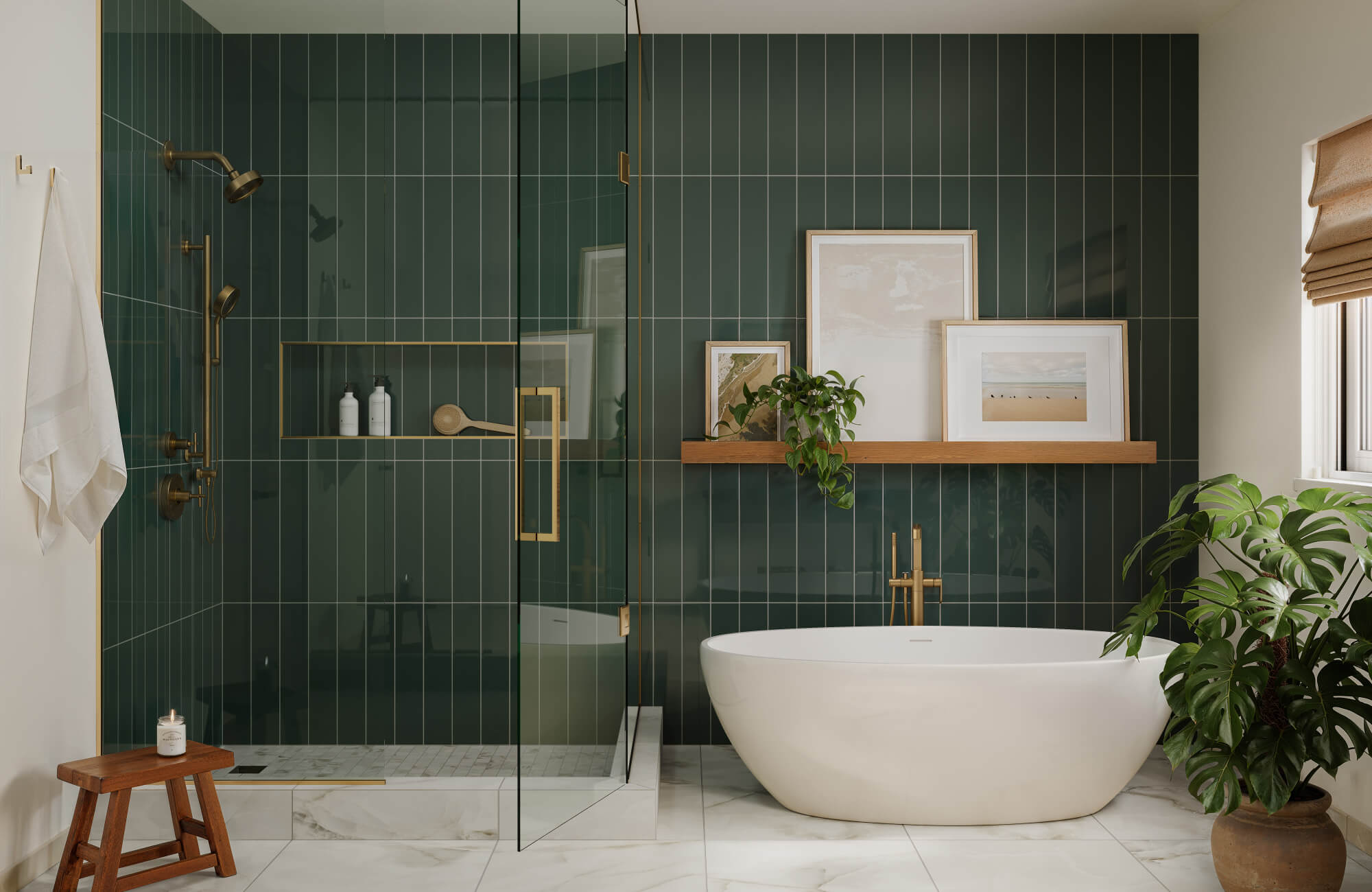 Modern bathroom with deep green vertical tiles, gold fixtures, a freestanding tub, and marble-look floor tiles.