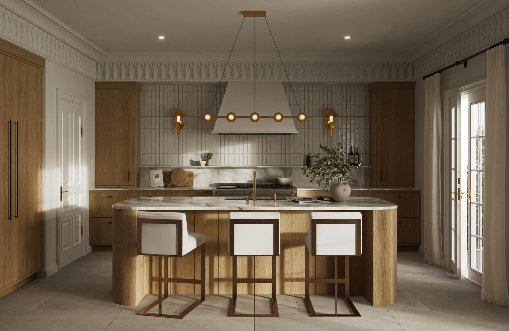 Warm contemporary kitchen with fluted wood island, marble countertops, vertical tile backsplash, and sculptural brass lighting.