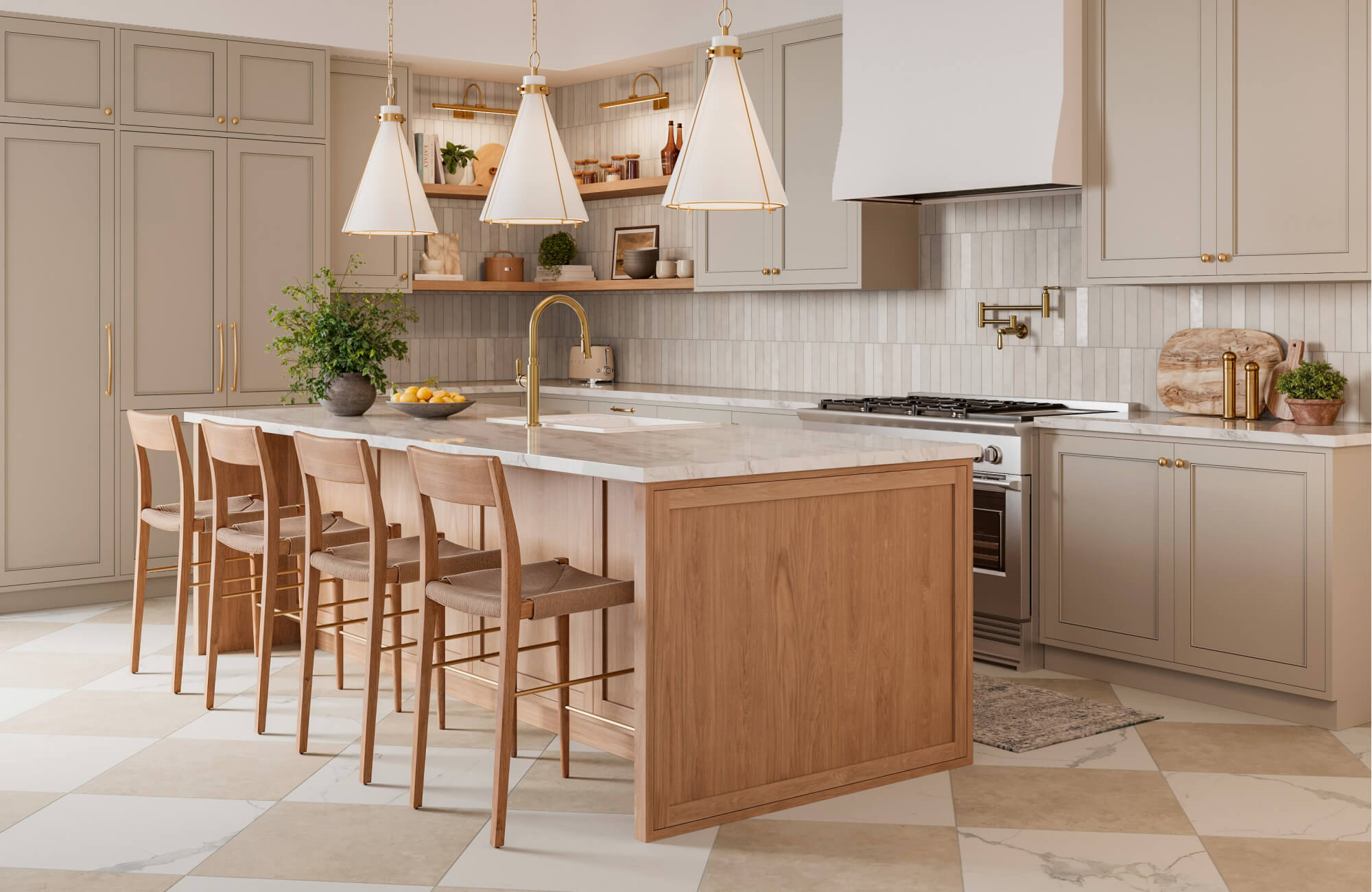 null Elegant kitchen with a marble island, light wood accents, vertical tile backsplash, and soft beige cabinetry paired with brass fixtures.