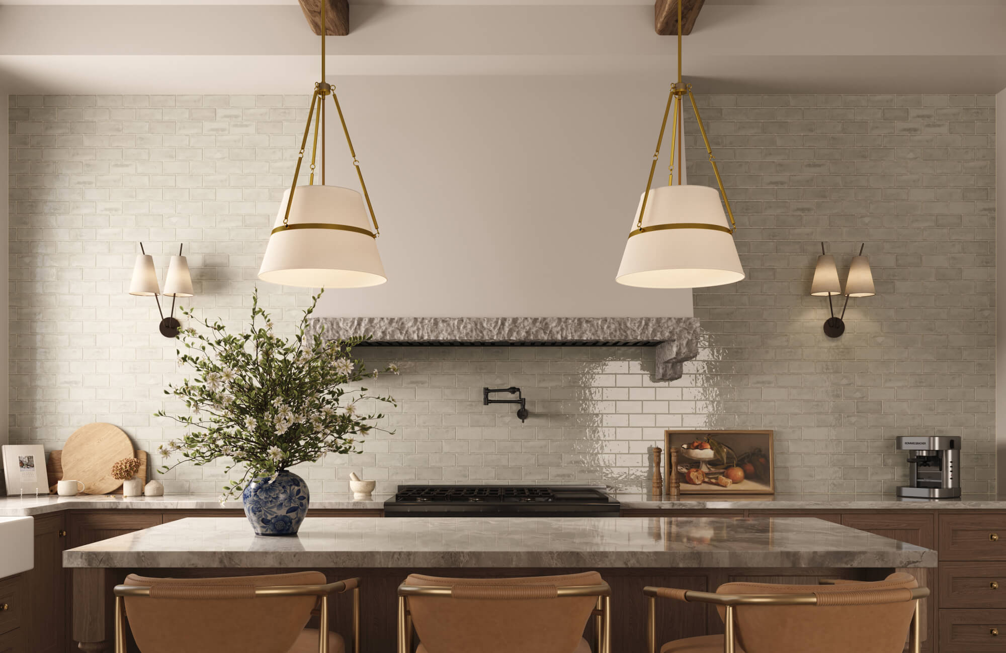 null Transitional kitchen with glossy subway tile backsplash, stone range hood, marble island, and leather bar stools with brass accents.