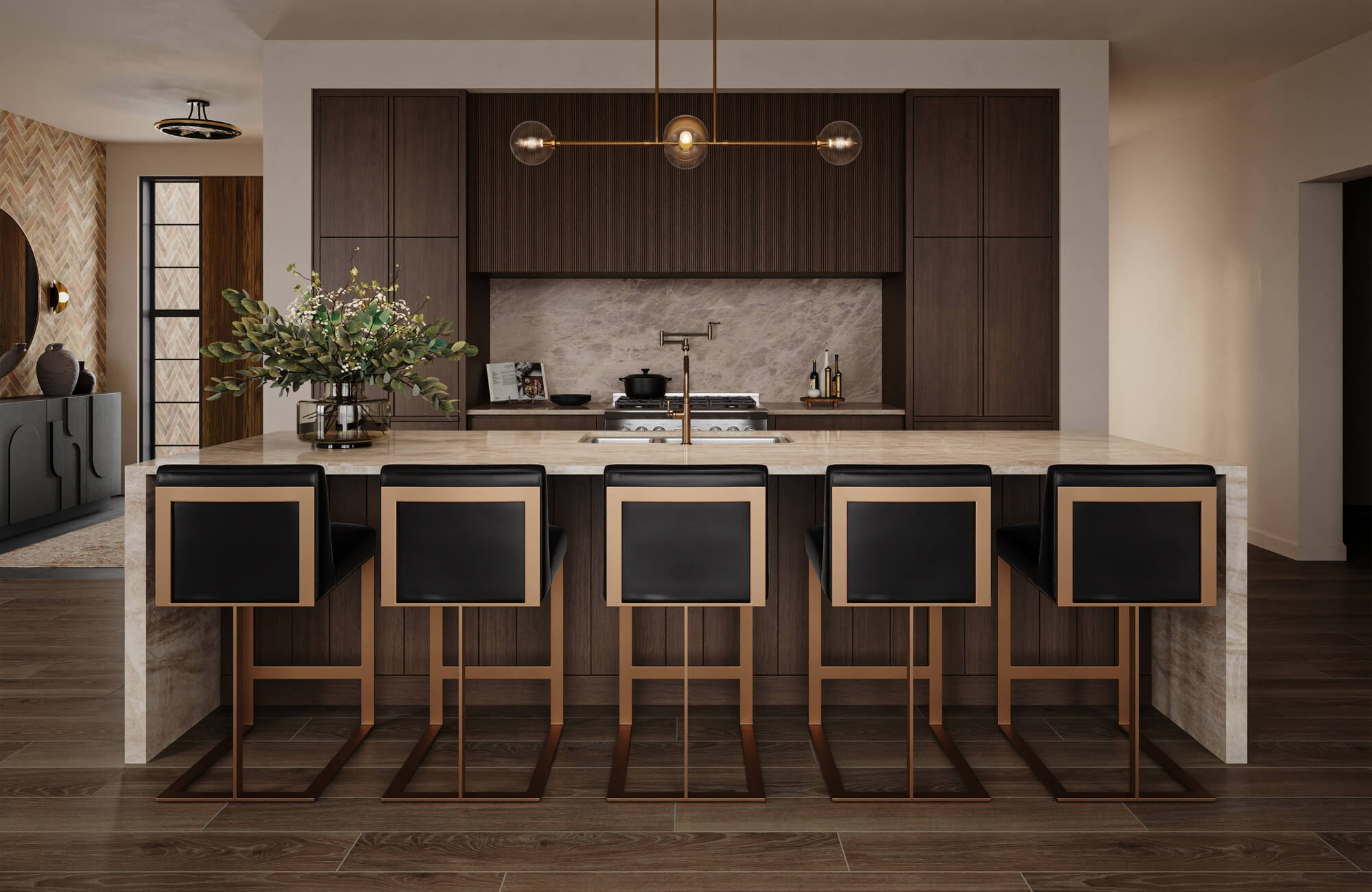 null Sophisticated kitchen with dark wood cabinetry, waterfall marble island, black and brass bar stools, and modern linear pendant lighting.