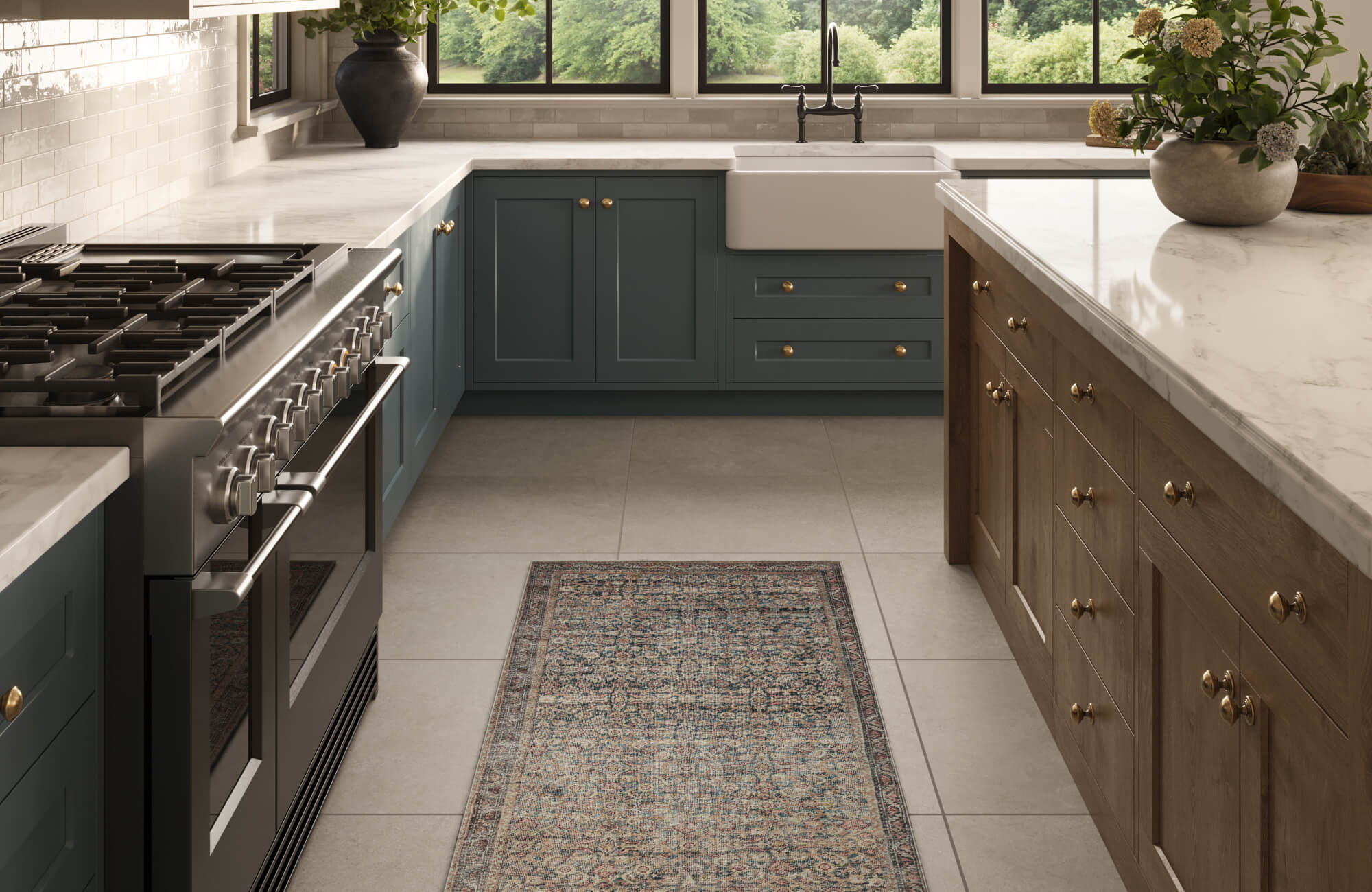 null Charming kitchen with a farmhouse sink, blue and walnut cabinetry, brass hardware, and marble countertops accented by a vintage runner.