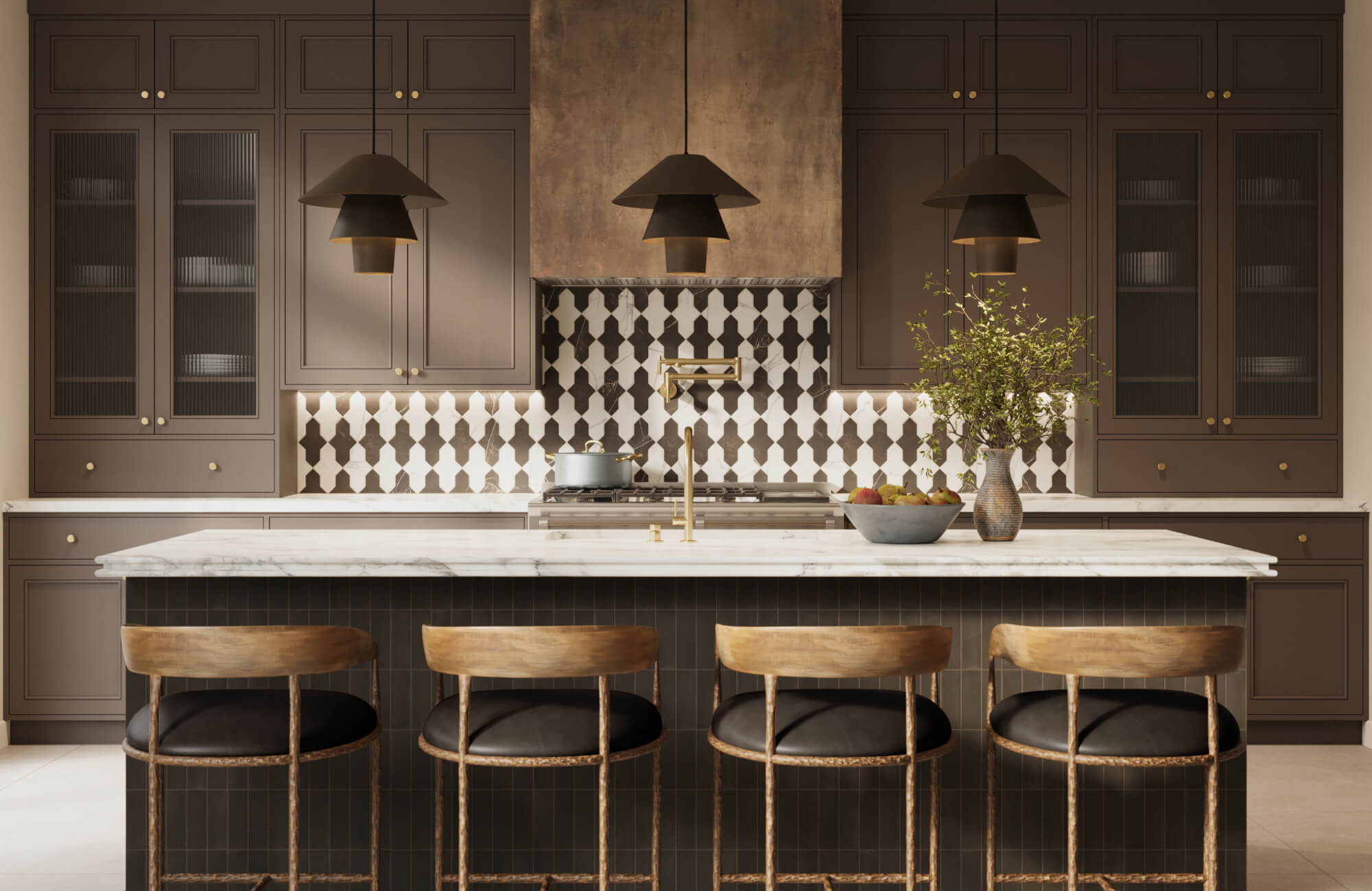 null Moody kitchen with rich brown cabinetry, statement backsplash tile, marble countertops, and vintage-style stools with leather seats.
