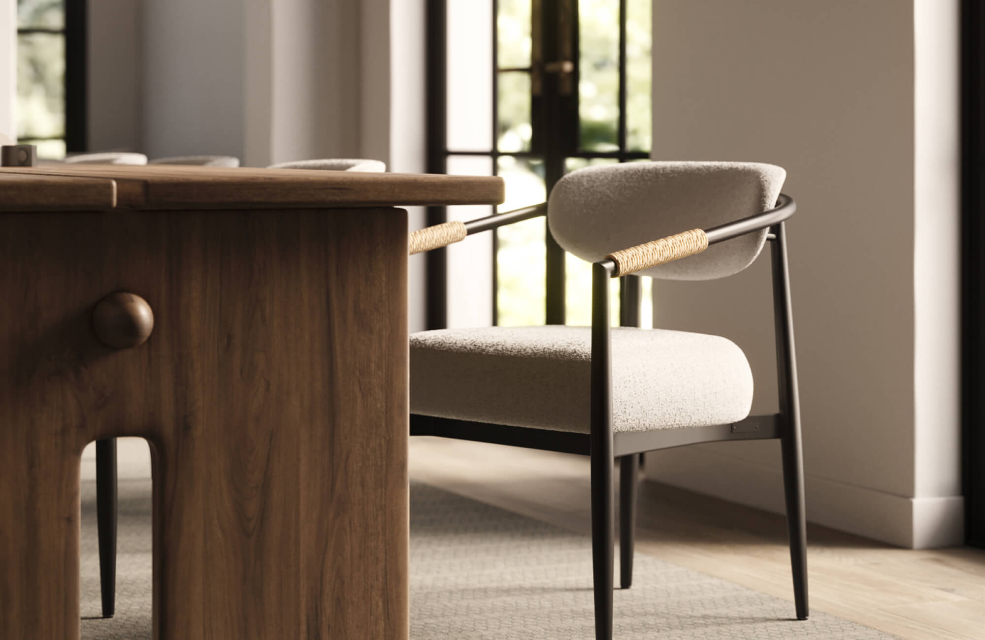 Modern dining chair featuring a cushioned seat, rounded backrest, and woven arm detail, paired with a warm wood table in a minimalist interior.