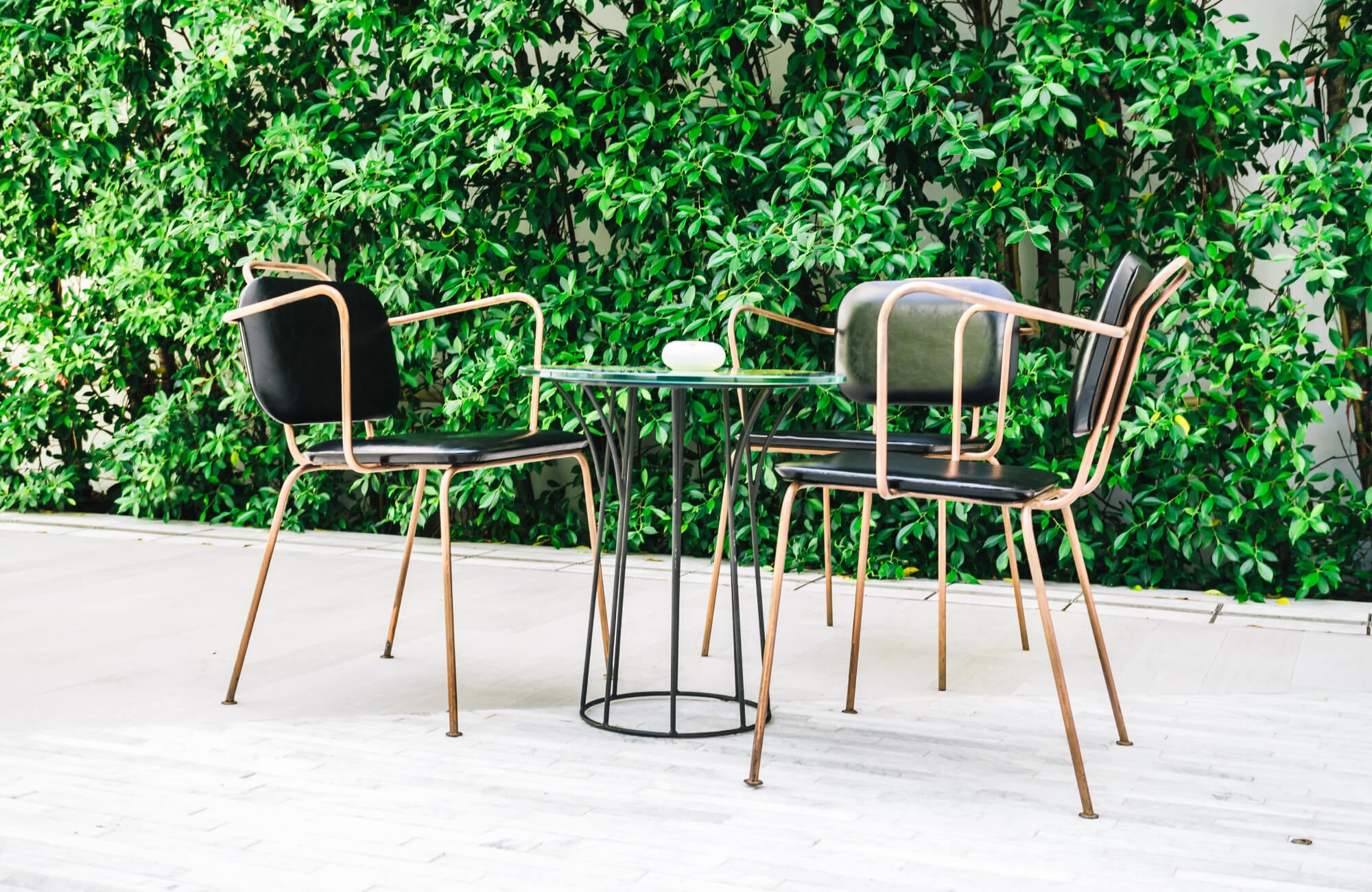 Minimal outdoor dining area with sleek metal chairs and a glass table, placed on a light stone patio and framed by dense green foliage.