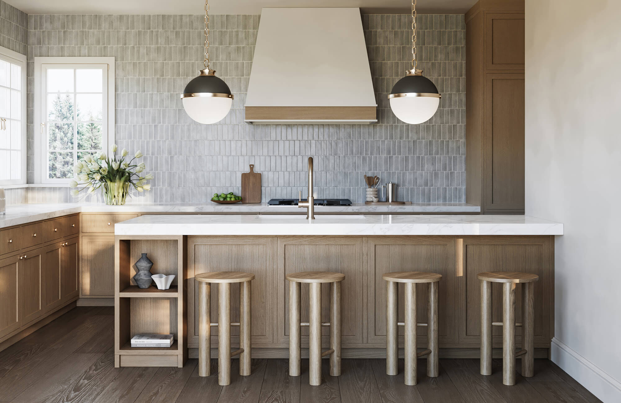 null Modern farmhouse kitchen featuring soft gray backsplash tile, warm wood finishes, and oversized dome pendants above a sleek marble-topped island.