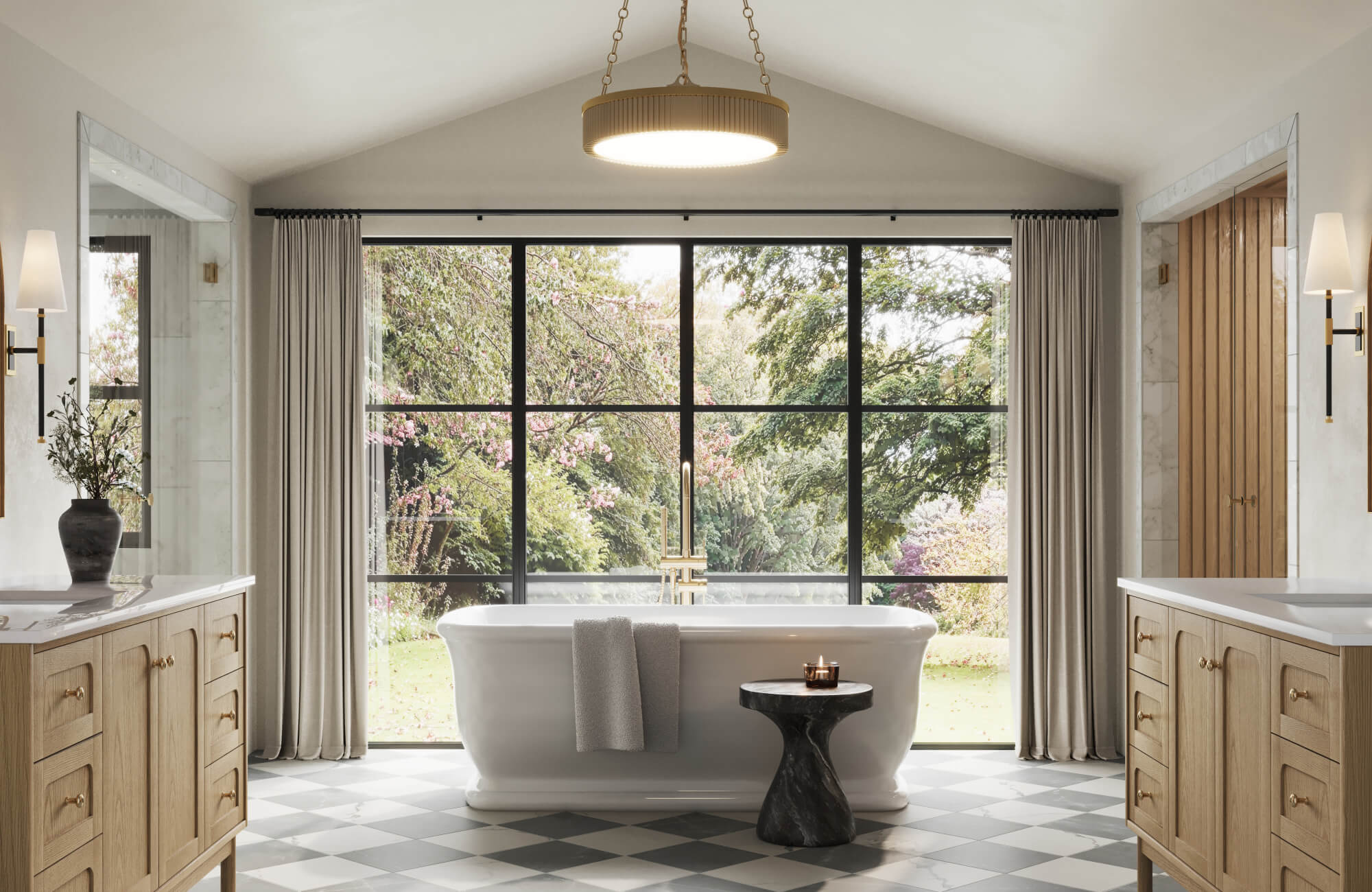 null Bright bathroom retreat featuring a large window view, soft wood vanities, elegant sconces, and a centered soaking tub on a checkered tile floor.