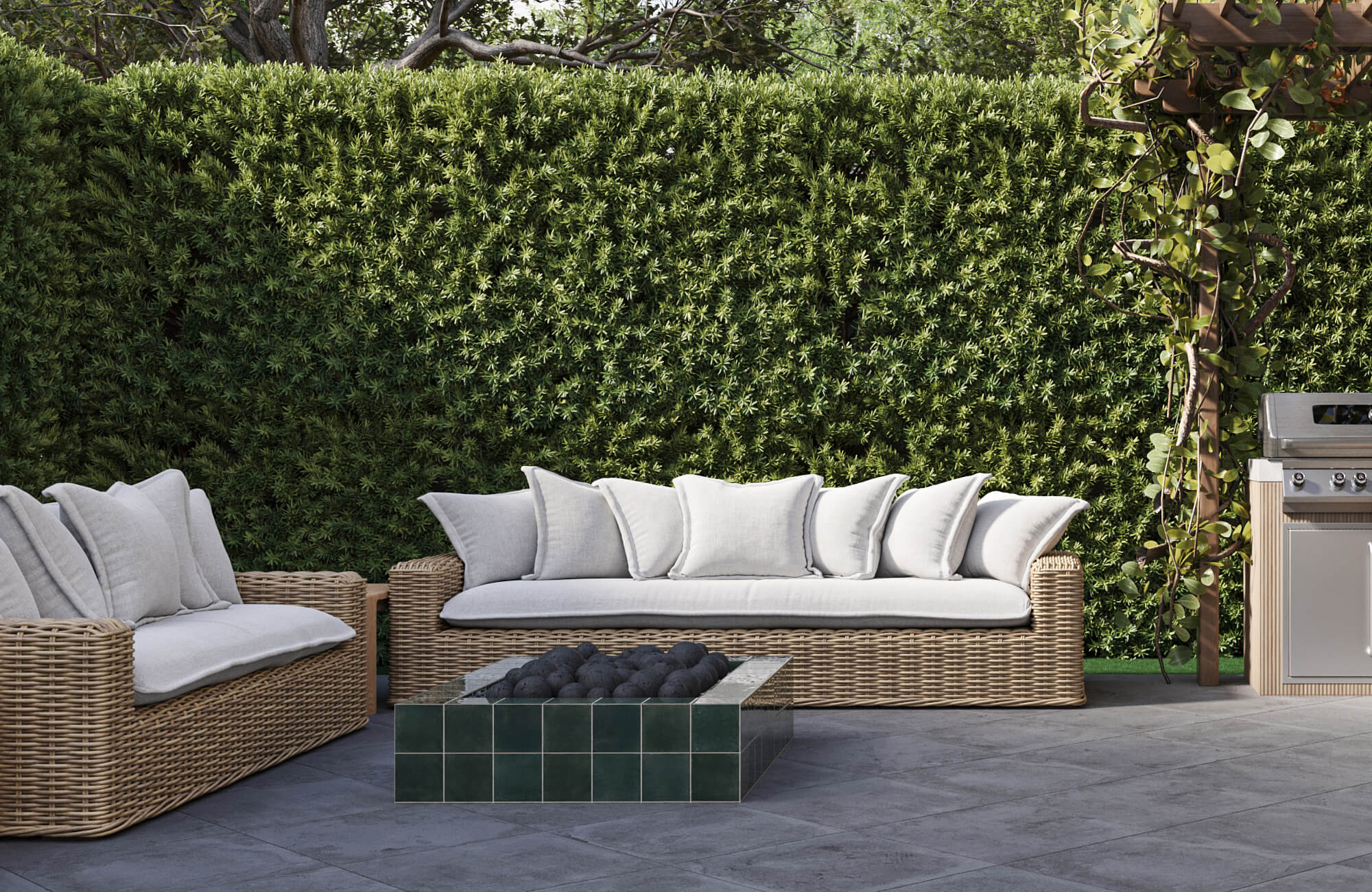 null A woven outdoor sofa displays generously filled back cushions with a structured profile that maintains consistent shape across the seating arrangement.