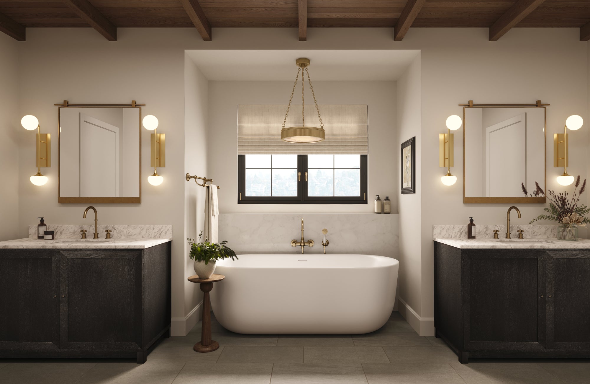 Sophisticated bathroom with double vanities, brass-framed mirrors, and balanced lighting on each side.