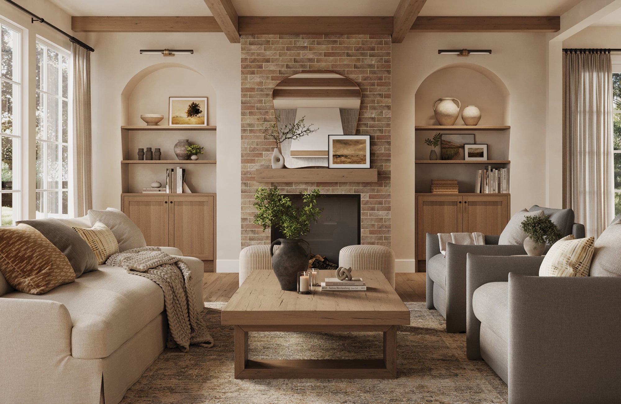 Warm living room with a brass-framed mirror above a brick fireplace, enhancing balance and depth.