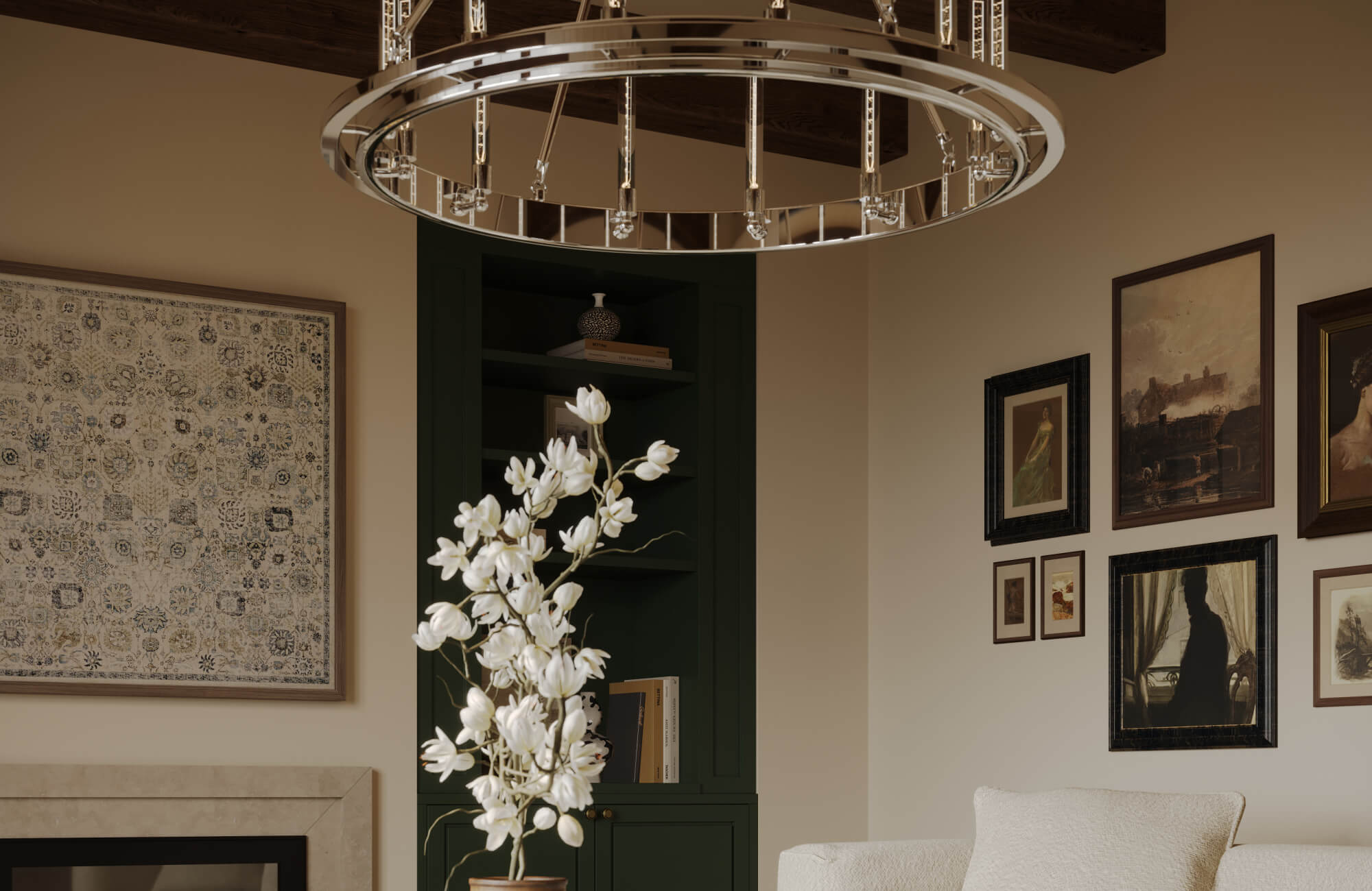 null Living room with framed wall art arranged around built-in shelving, a large ring chandelier, dark wood ceiling beams, and warm neutral walls.