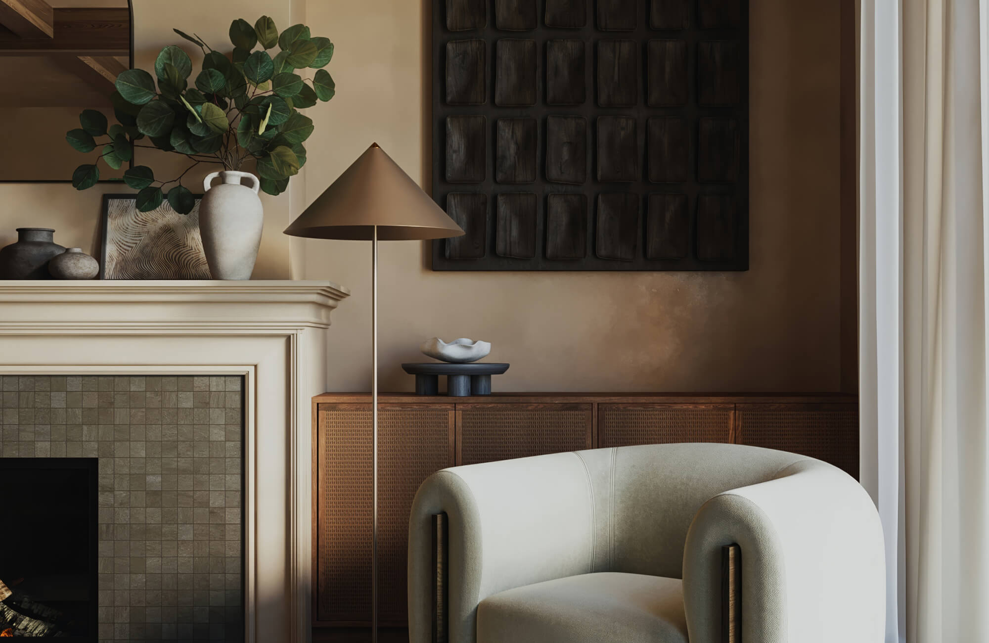 null Moody living room corner with a dark textured wall panel, woven wood console, cream barrel chair, sculptural floor lamp, and layered mantel decor.