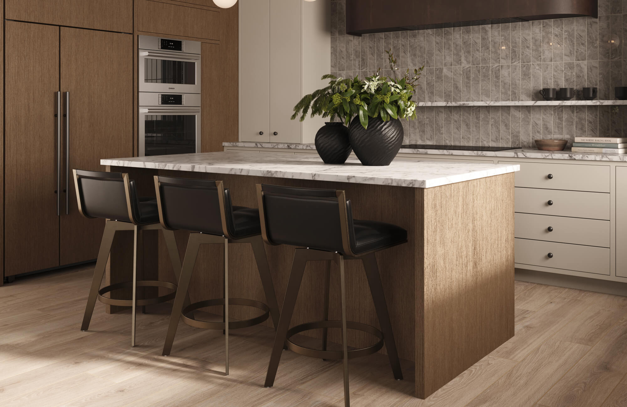 null A contemporary kitchen island with marble countertops and bronze-framed stools, paired with wood cabinetry and a gray tile backsplash for a refined, cohesive look.