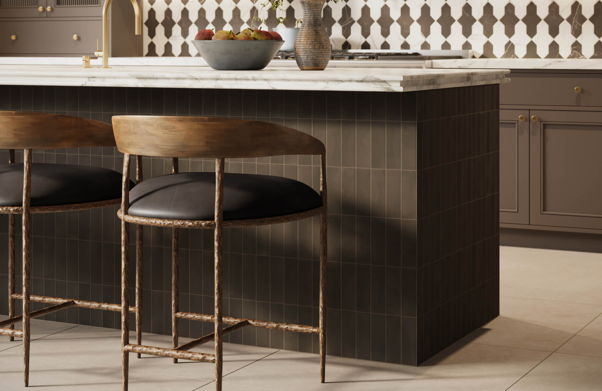 null Warm contemporary kitchen details showing textured metal stools with wood backs beside a dark-tiled island topped with white marble.