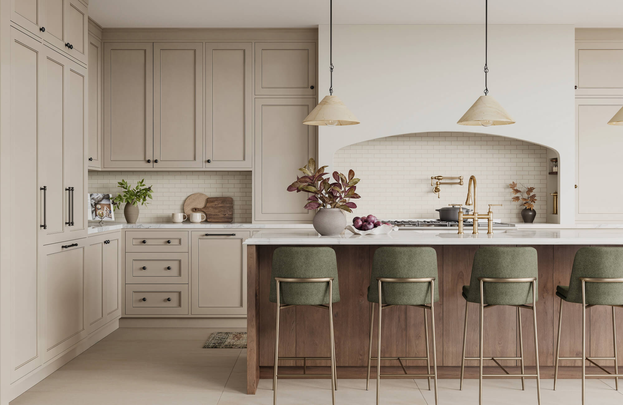 null Elegant kitchen design showcasing green upholstered island stools, a wood and marble island, creamy cabinetry, and brass fixtures set against a subway tile backsplash.