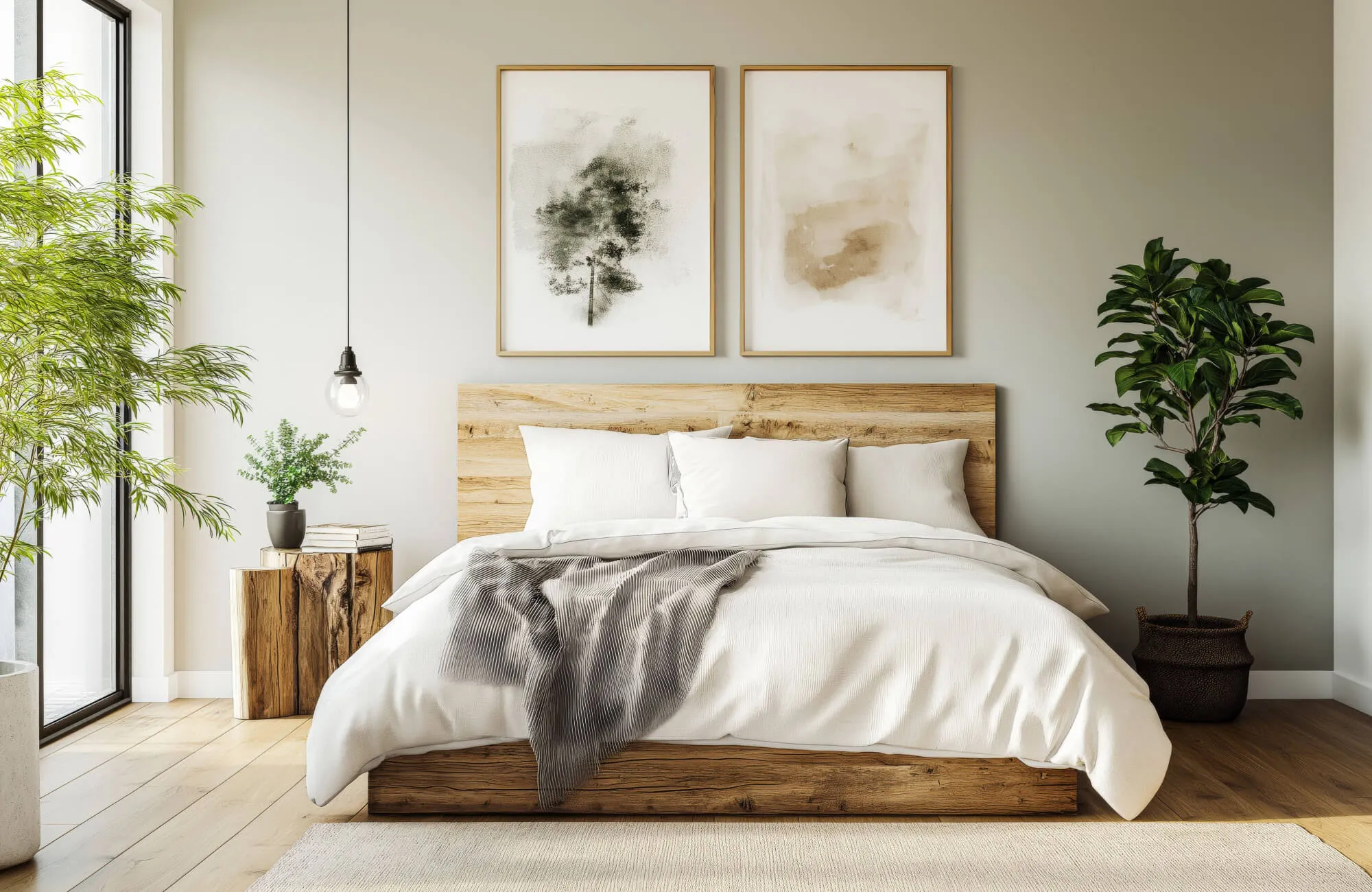 Natural bedroom with paired abstract wall art above a wood bed, white bedding, indoor plants, a pendant light, and a large window beside a small stump nightstand.
