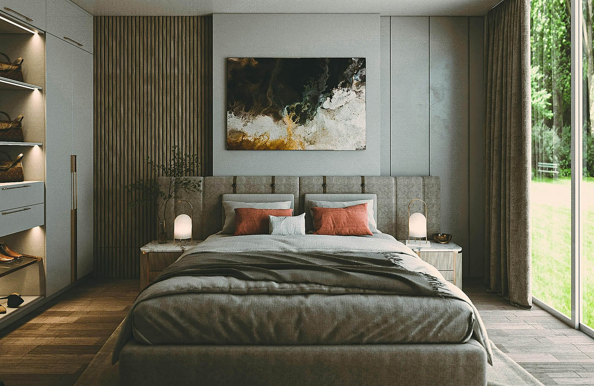 null Modern bedroom with a large abstract canvas above a gray upholstered bed, soft bedside lamps, built-in shelving, wood slat wall detail, and full-height garden window.