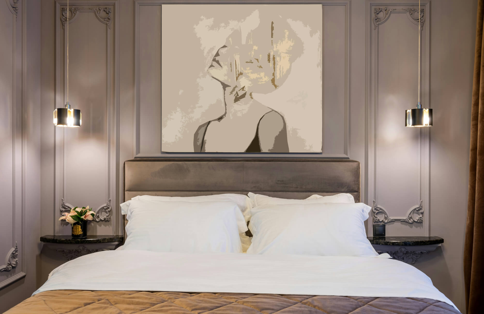 null Elegant bedroom with oversized figure artwork above a velvet headboard, paneled mauve wall, warm pendant lights, white bedding, and matching bedside shelves.