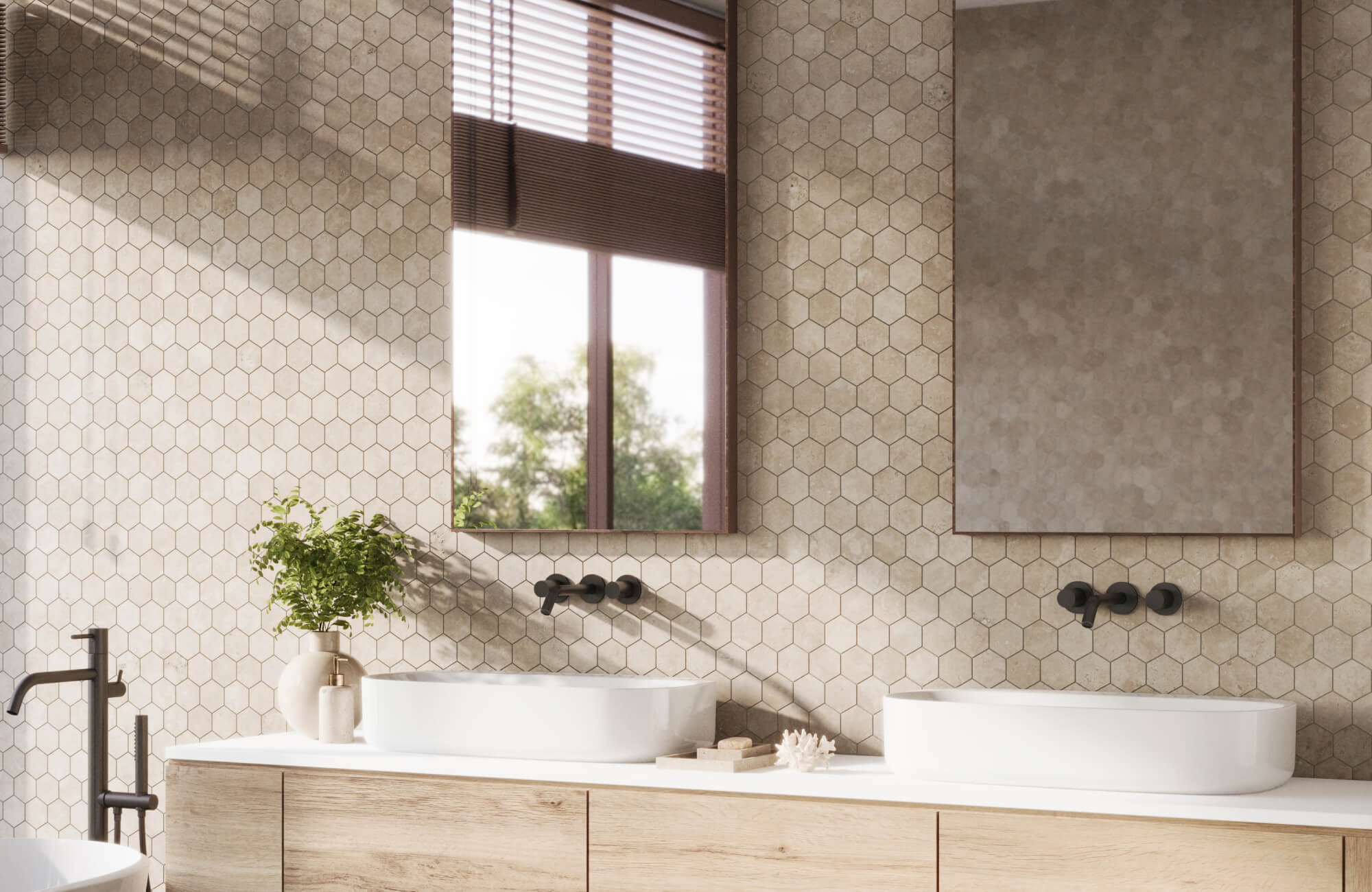 null Bright bathroom featuring natural stone-style hexagon tiles, black fixtures, and a minimalist wooden cabinet with white basins.