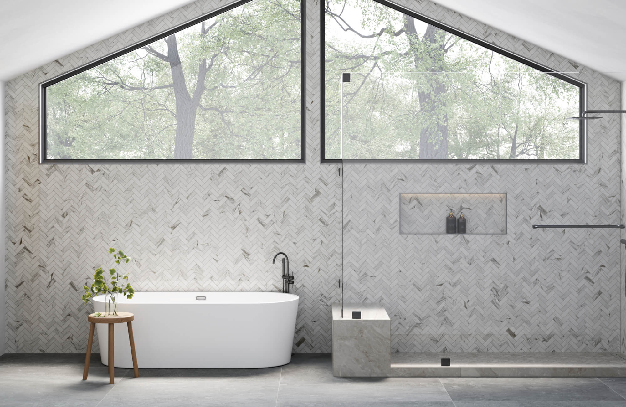 null Spacious bathroom featuring a walk-in shower and bathtub framed by stone-look herringbone mosaic tiles and natural light.