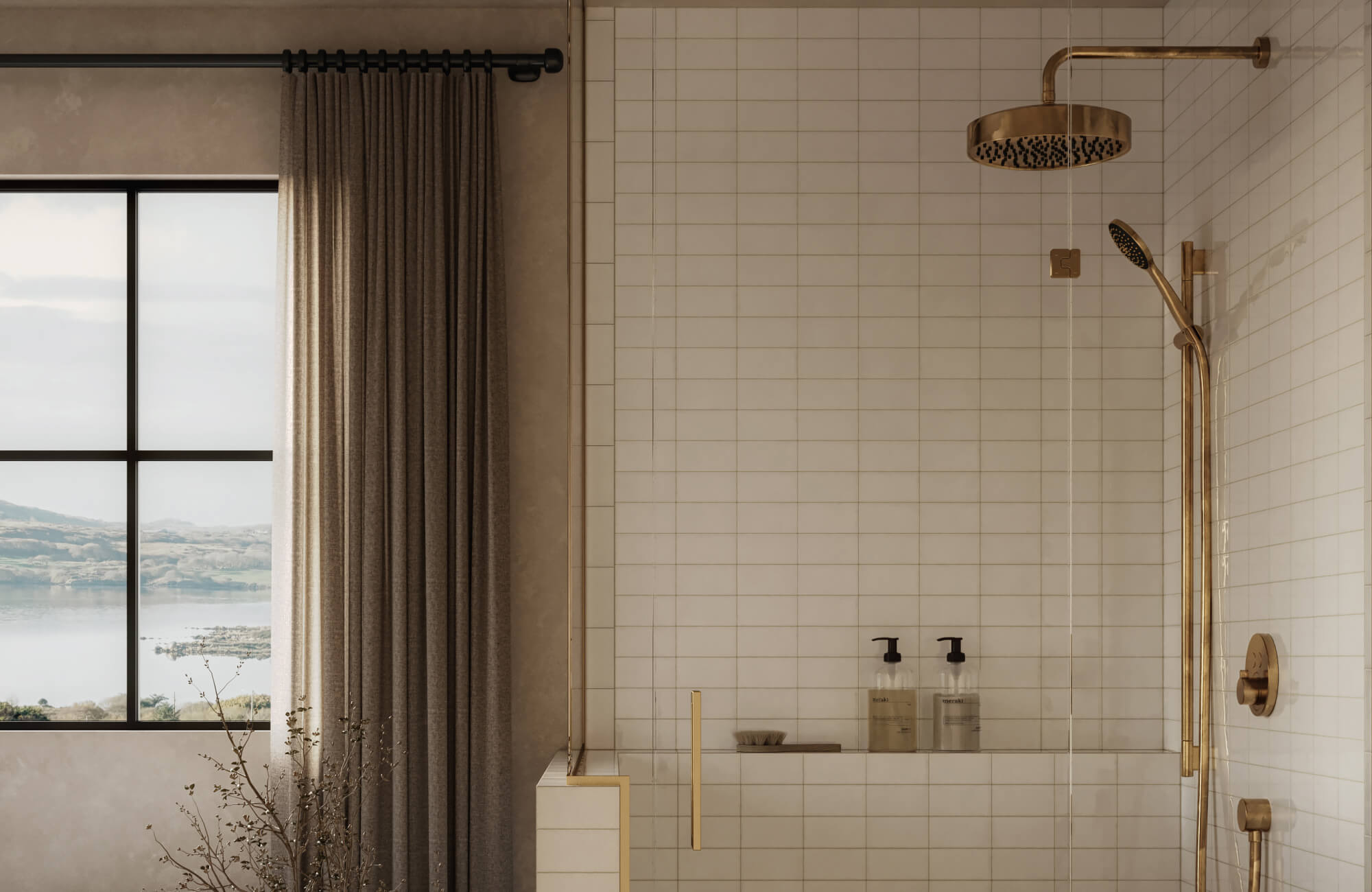 Bathroom with square white ceramic wall tile and brass rain showerhead styled with glass panel and warm lighting for a serene spa-like retreat