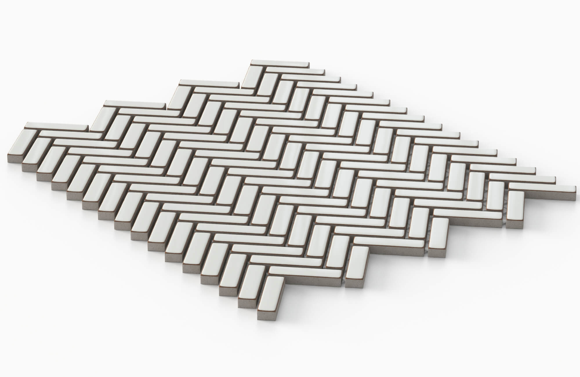 null Glossy white rectangular mosaic arranged in a classic herringbone floor tile pattern for a sleek, timeless look.