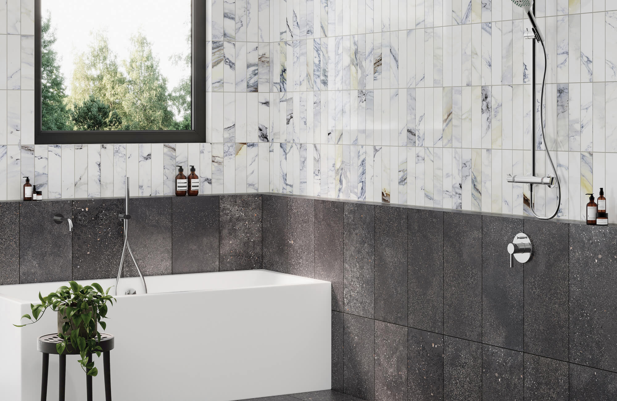 Contemporary tub and shower area finished with charcoal terrazzo tiles and light veined wall tiles, creating a clean and balanced bathroom design.