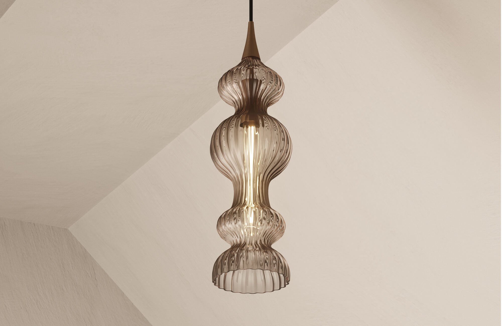 Modern hanging pendant with a curvy ribbed glass design, adding texture and warmth to the ceiling space.