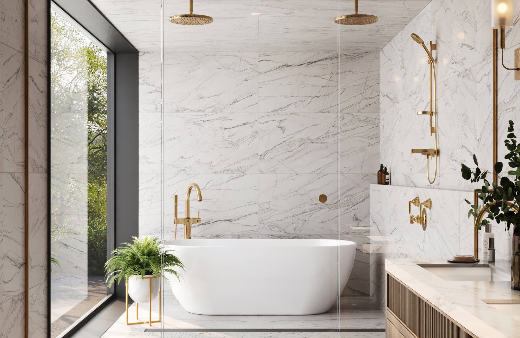 null Double vanity bathroom with gold fixtures and marble look tile walls and floors.