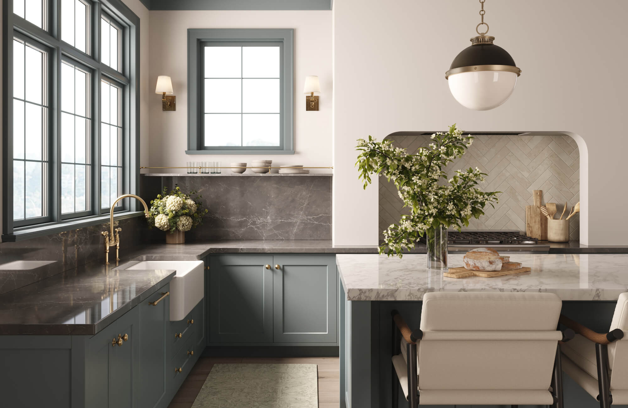 null Elegant kitchen featuring layered light with abundant natural sunlight, refined wall sconces, and a statement pendant above the island, creating a balanced blend of ambient, task, and accent illumination that enhances the room’s timeless sophistication.