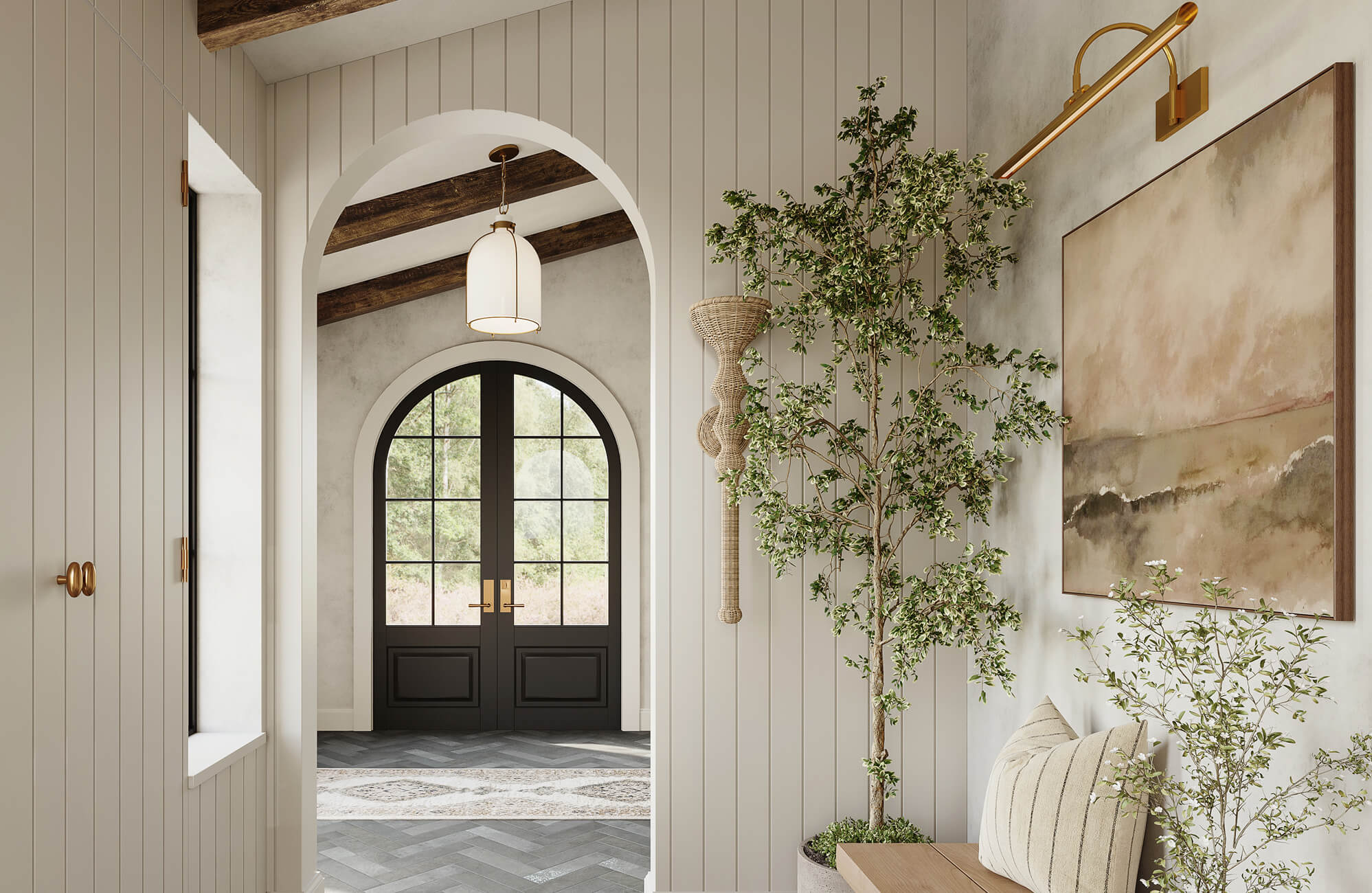 null Inviting entryway showcasing layered light through natural sunlight, a pendant ceiling fixture, and an elegant picture light, creating a warm, welcoming atmosphere that highlights architectural details and textured finishes.