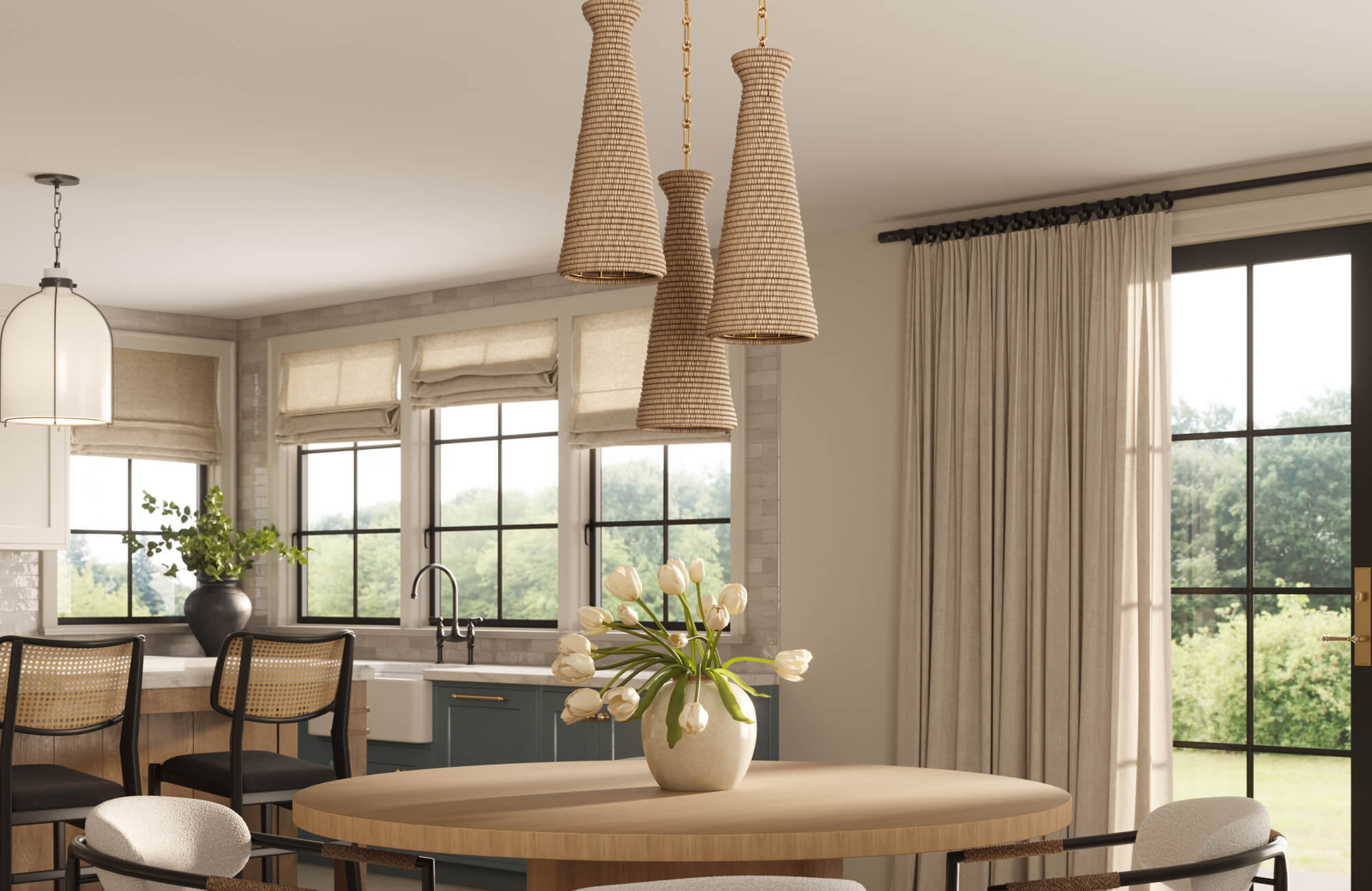 null Warm and airy dining area featuring layered light with woven pendant fixtures, a glass dome pendant, and abundant natural sunlight filtering through large windows, creating a serene balance of texture, depth, and inviting ambiance.