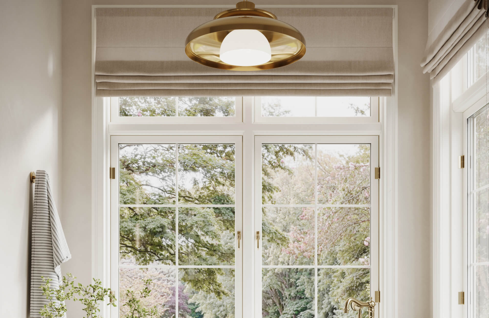 null Bright and serene kitchen corner featuring layered light through a modern brass ceiling fixture and abundant natural sunlight streaming through large grid windows, creating a harmonious balance of warmth, clarity, and elegance.
