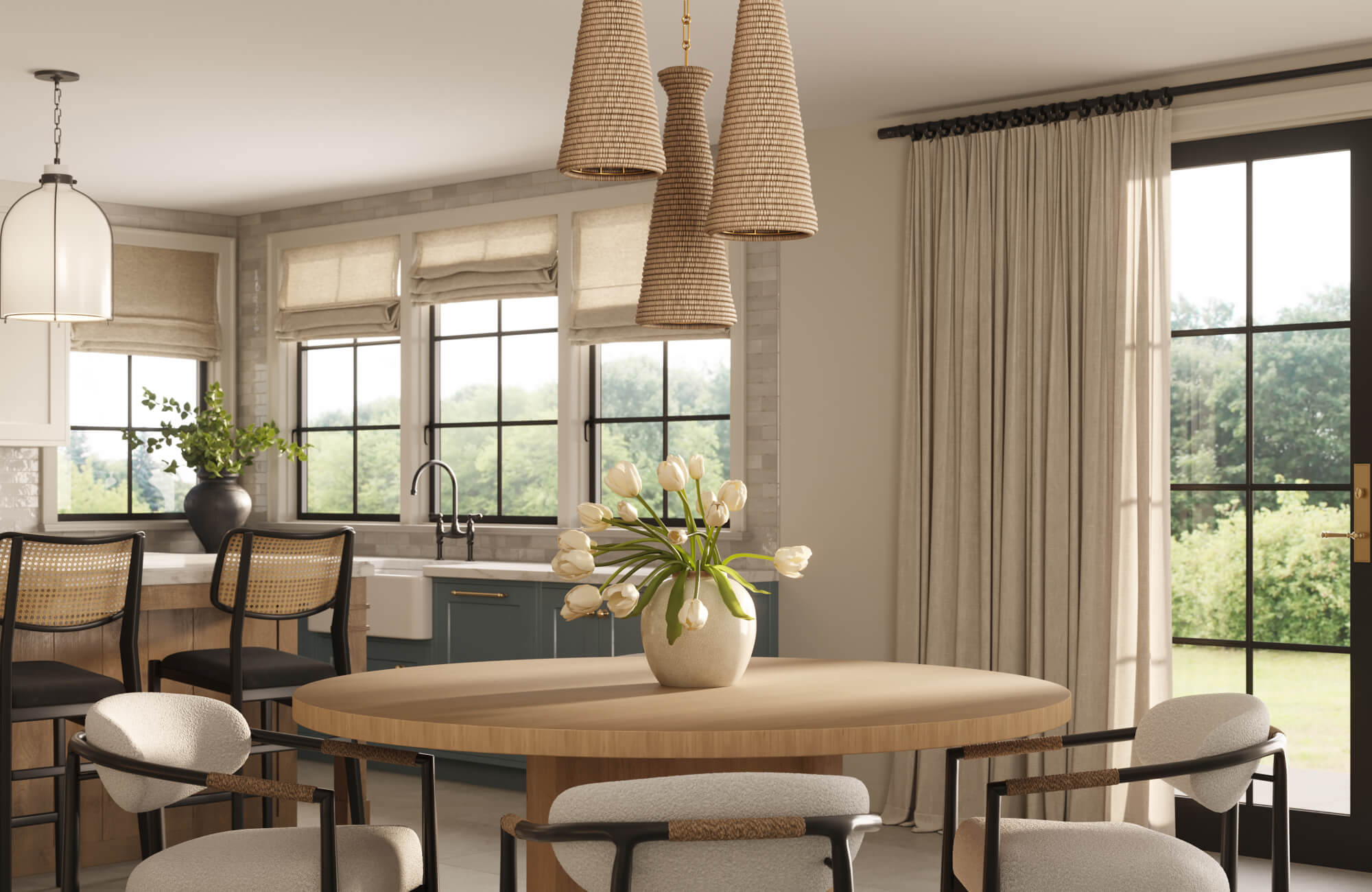 A light-filled dining area featuring a cluster of textured pendants above a round table, paired with natural window light for an inviting, layered lighting effect.
