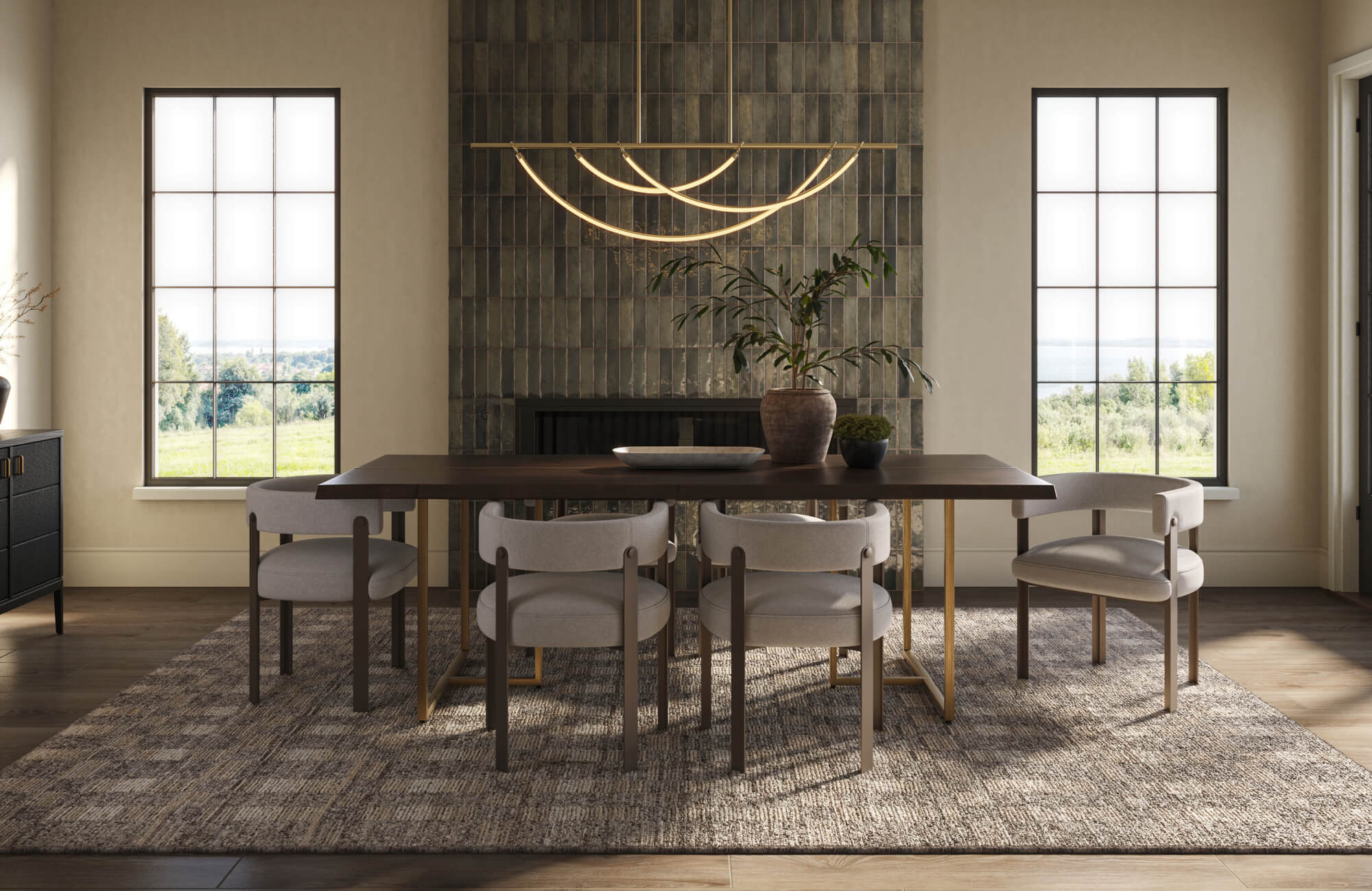 A refined dining room styled with a statement gold light fixture above a wood table, layered with natural window light to create a calm, balanced atmosphere.
