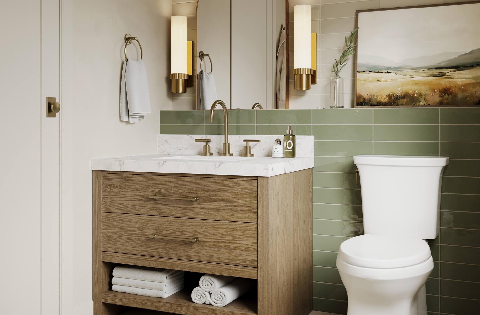 Compact wood vanity with marble top and brass fixtures, flanked by warm, cylindrical wall sconces.