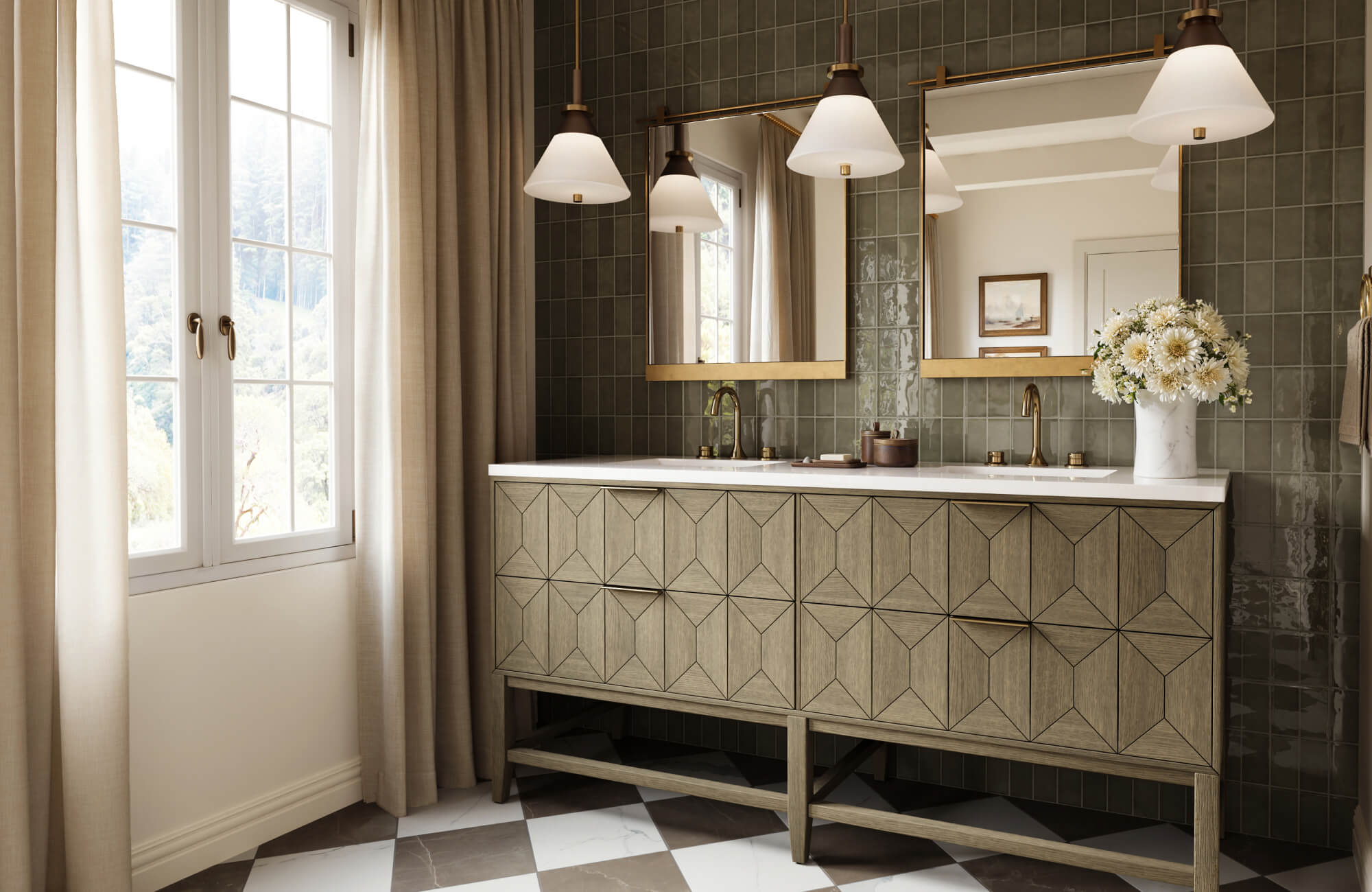 Textured wood vanity with geometric fronts is complemented by warm brass lighting and framed mirrors.