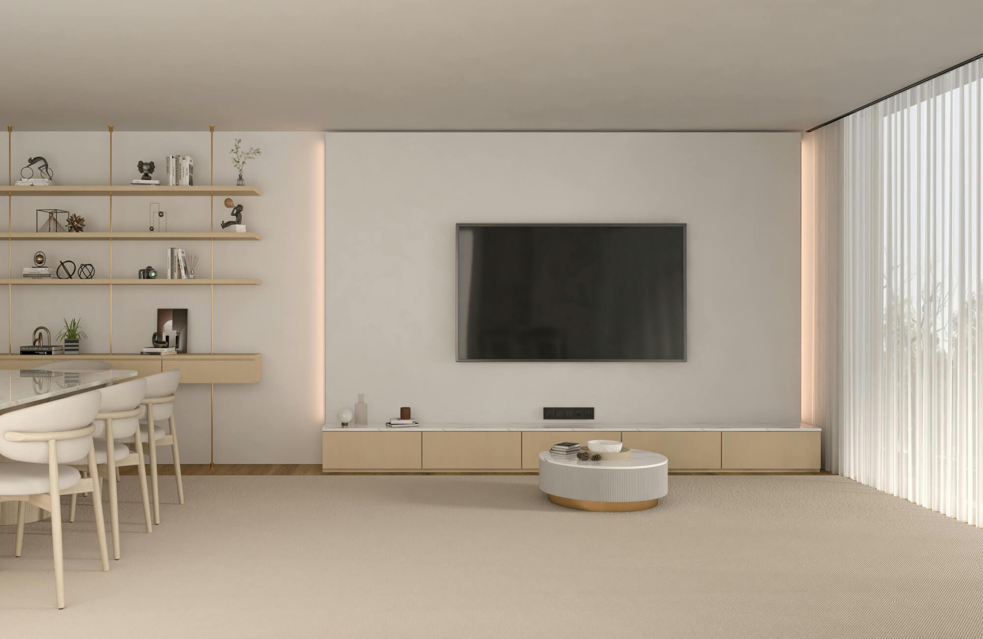 Minimalist media room with LED backlighting along walls and shelves, enhancing depth and light in a ceiling-free layout.