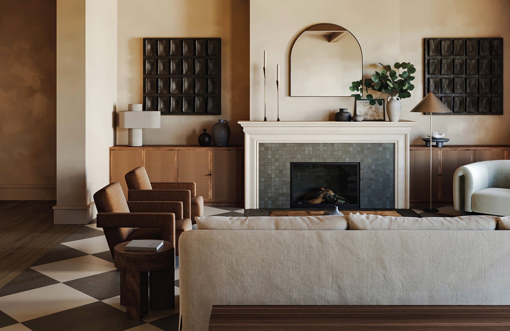 Living room with a mirrored wall and layered lighting, including floor and table lamps for a balanced, cozy atmosphere.