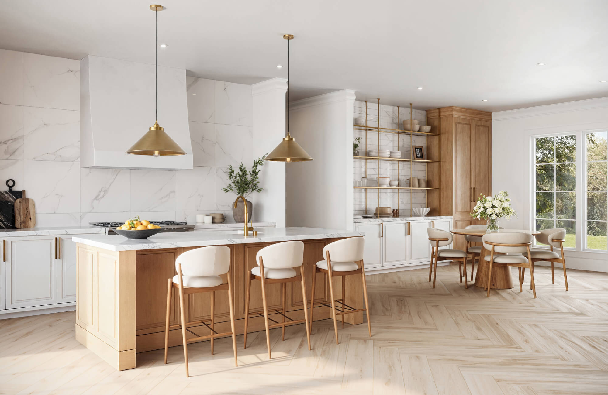 Modern open-concept layout with warm brass pendants, white and natural wood cabinetry, and daylight streaming in to complement layered lighting.