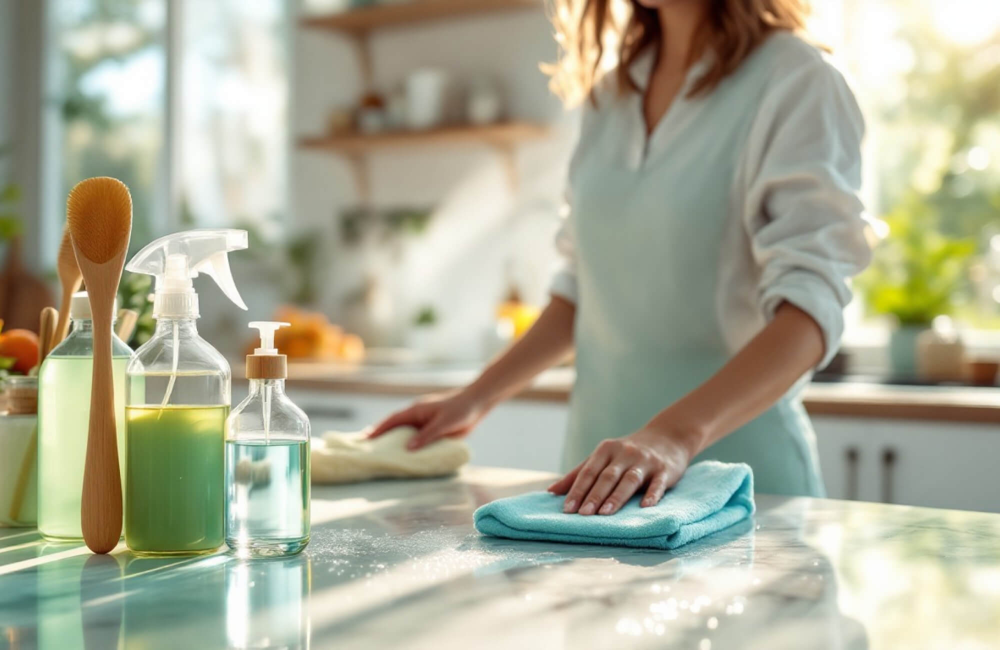 Close-up of eco-friendly cleaning supplies on a marble countertop, with a woman wiping the surface in a sunlit kitchen, embodying sustainable cleaning practices.
